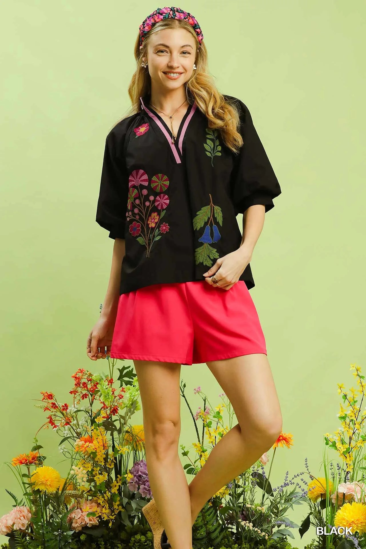 Umgee Embroidered Floral V-Neck Blouse