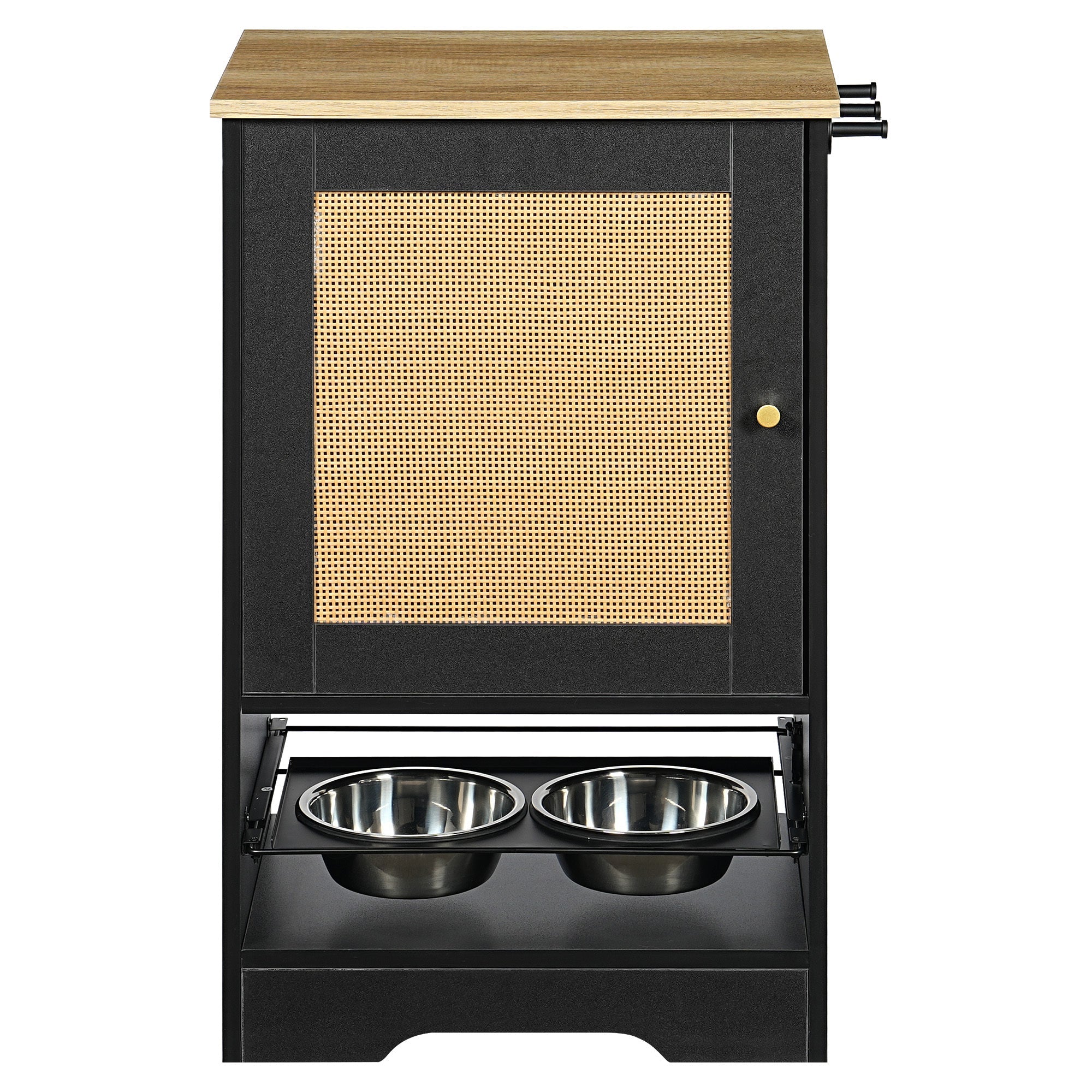 Feeding Station with 1 Storage Cabinets, Pet Feeding Station with 2 Elevated Dog Bowls, Side Hooks, Anti-tip Kit, Hidden Pet Feeder Station for Feeding & Watering, Black
