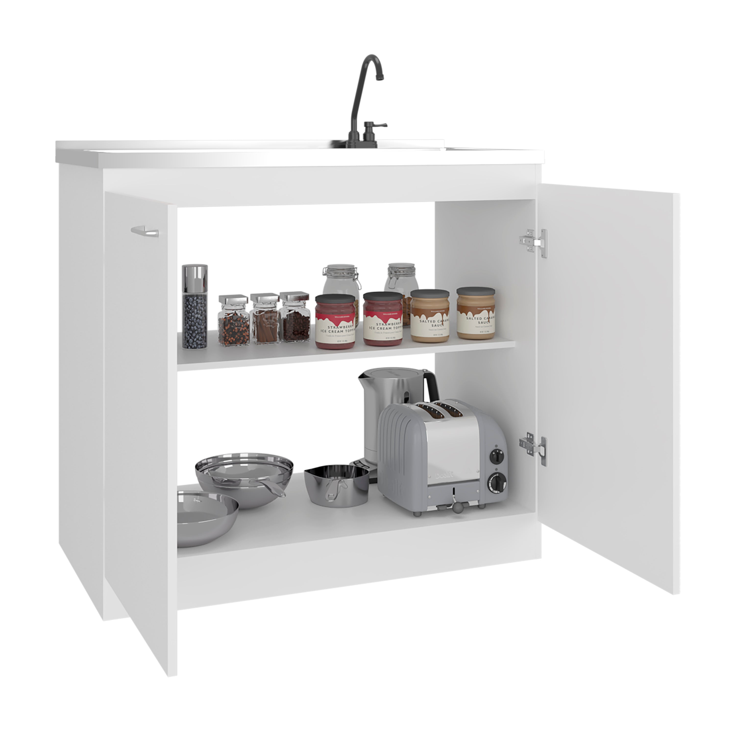 Napoles Utility Sink with Faucet Inclued and Integrated Stainless Steel Counter top, Freestanding cabinet with two doors, Metal Handles and Two interior shelves, White
