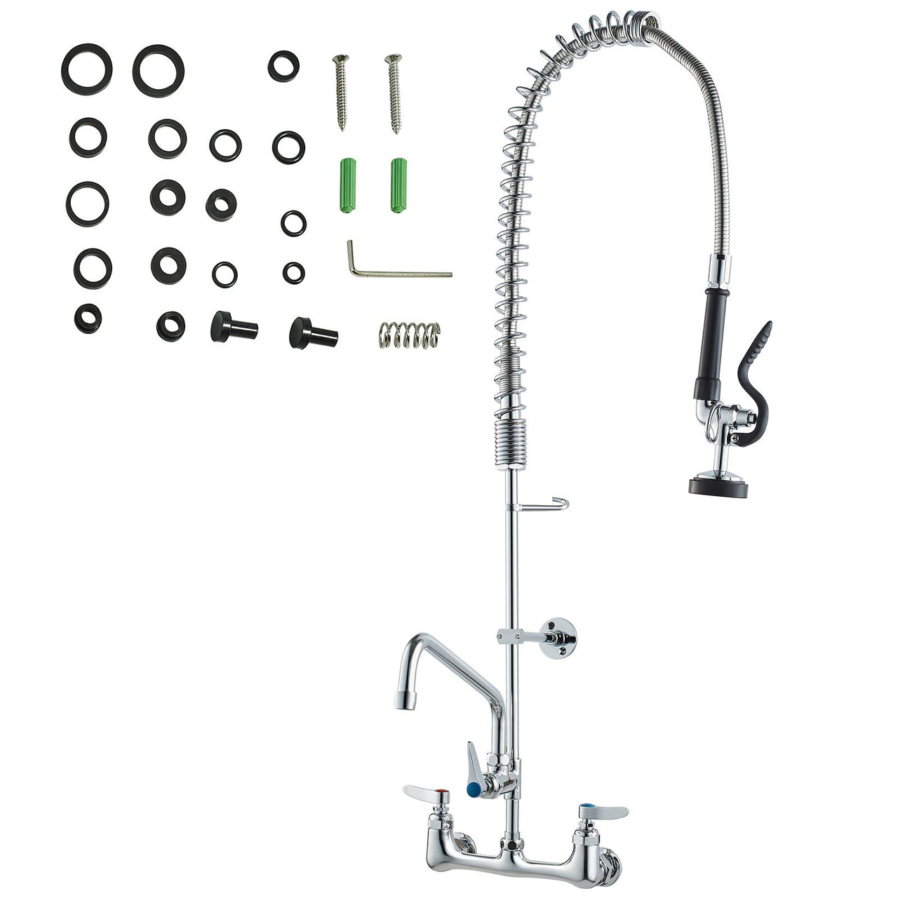 Commercial Faucet with Pre-Rinse Sprayer, 36' Height, 8' Center, 12' Swing Spout, Wall Mount Kitchen Sink Faucet, Brass Constructed Device with Pull Down Spray, for 1/2/3 Compartment Sink