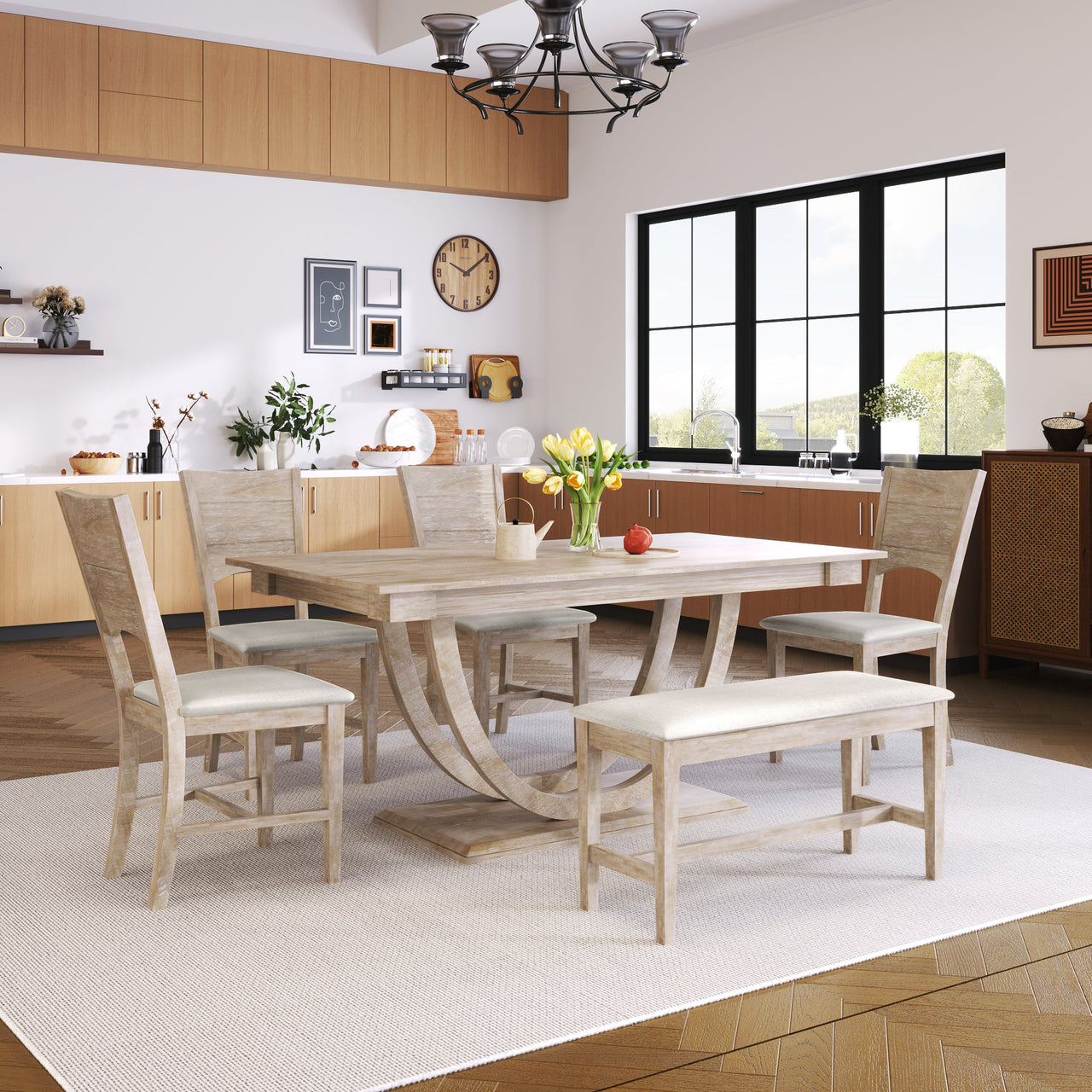 TOPMAX Modern Style Natural Wood 6-Piece Dining Table Set with Bench and Chairs, Upholstered Seats, Rubberwood Frame