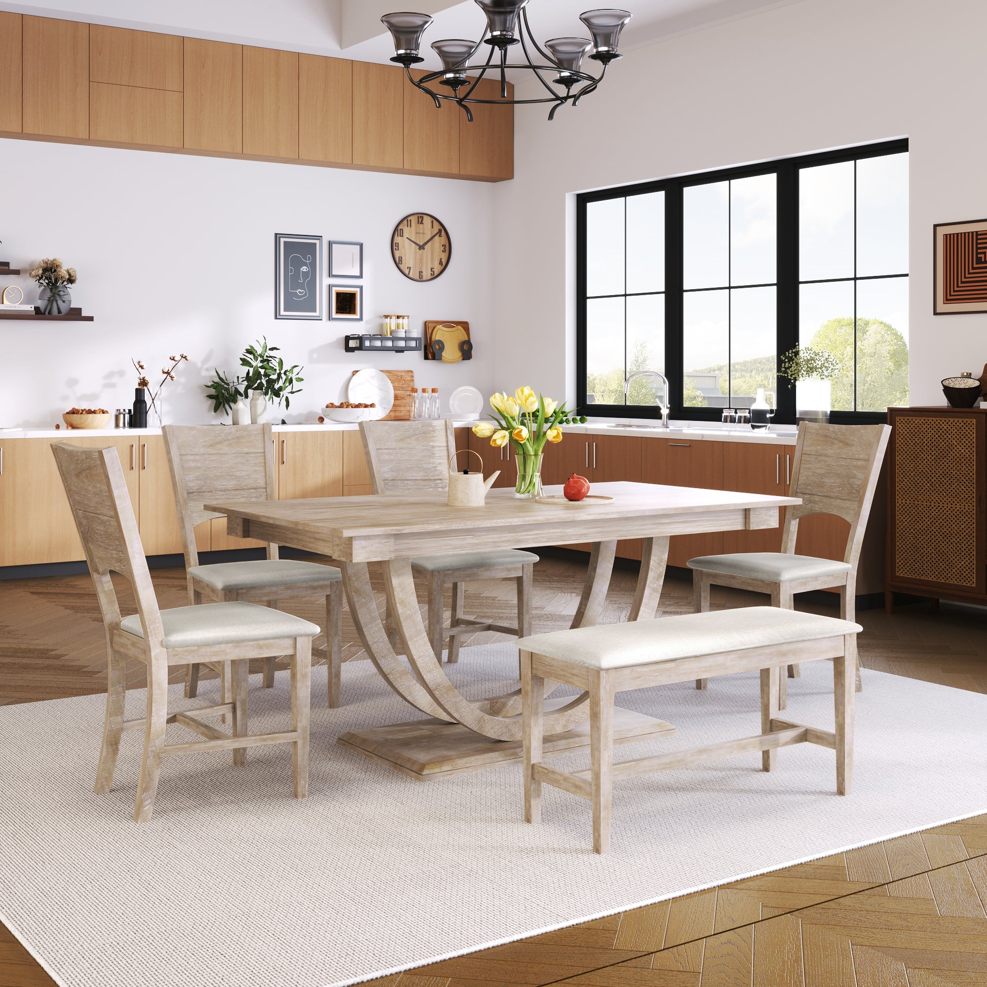 TOPMAX Modern Style Natural Wood 6-Piece Dining Table Set with Bench and Chairs, Upholstered Seats, Rubberwood Frame
