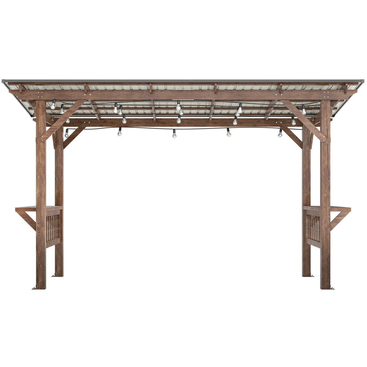 13' x 6.5' Wooden Pergola Grill Gazebo with Metal Roof & Bulbs & Bar Counters