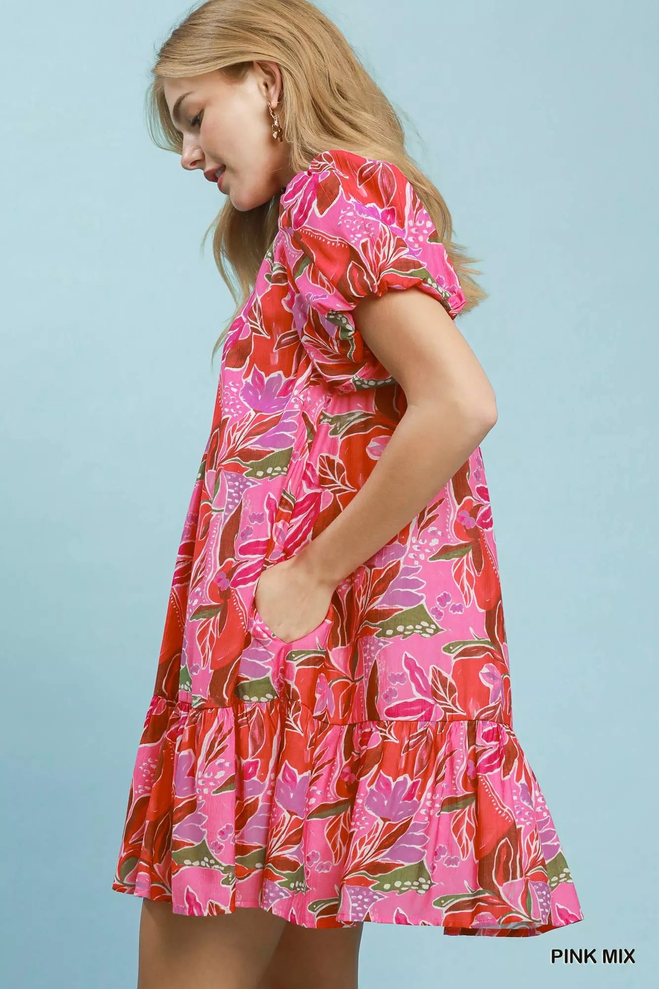 Umgee Tropical Floral Puff Sleeve Tiered Mini Dress