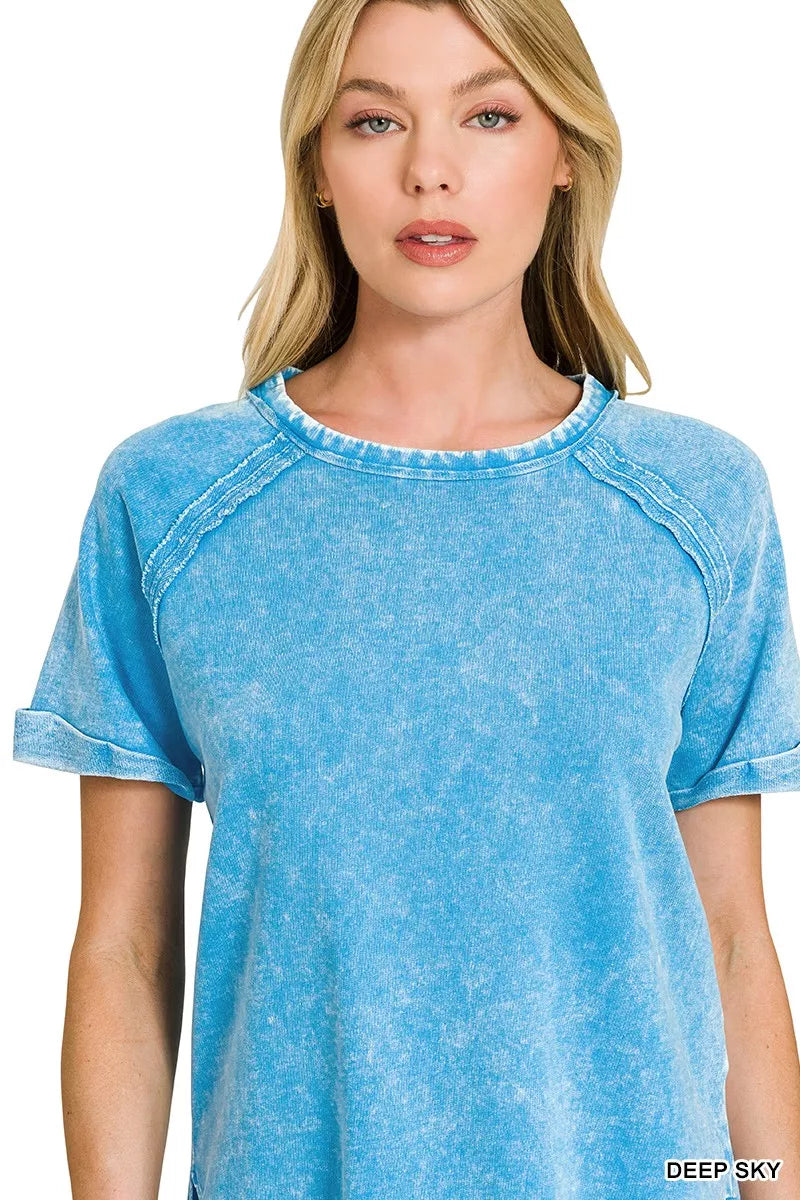 Zenana French Terry Washed Curved Hem Top