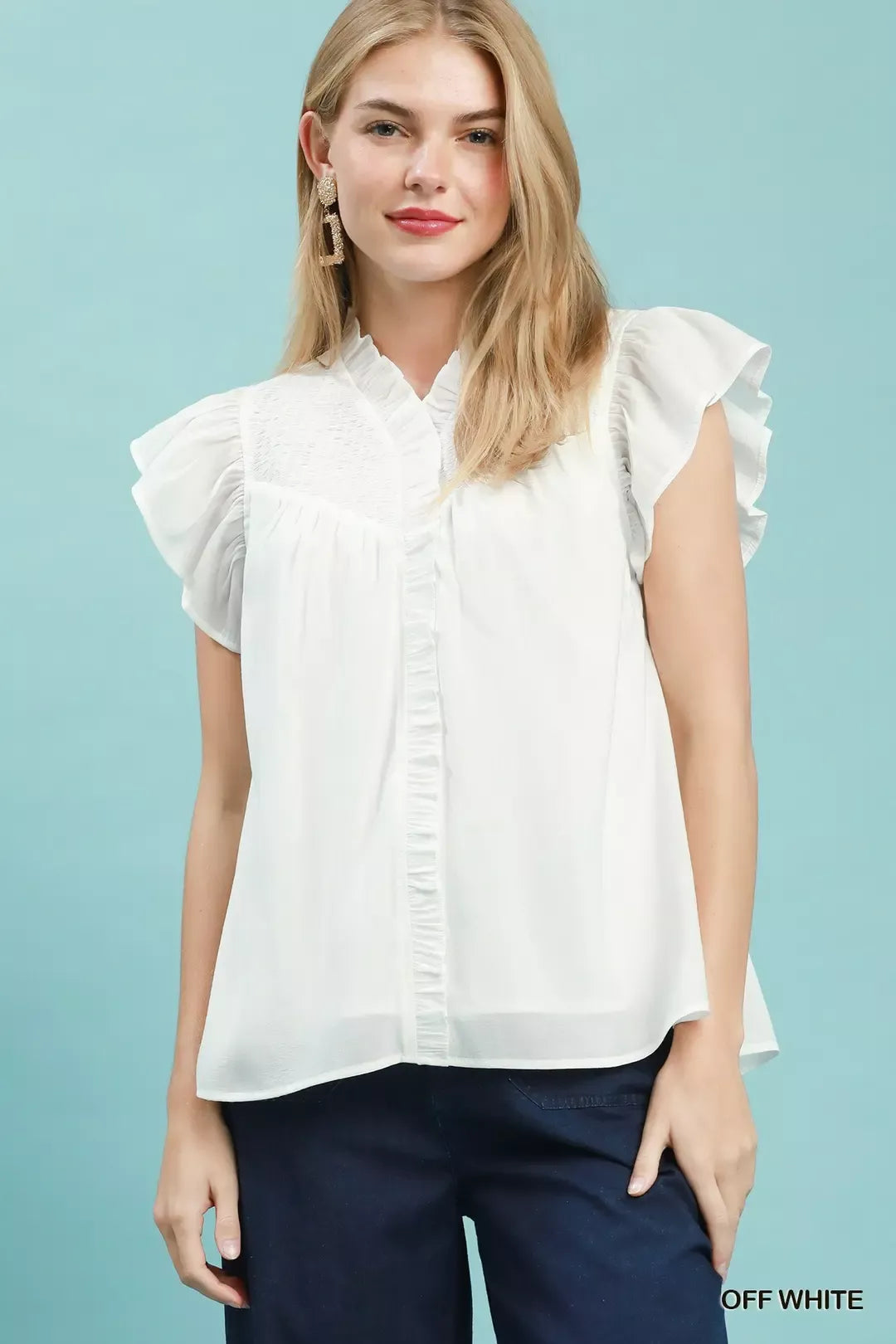 Umgee Smocked Yoke Ruffle Sleeve Blouse