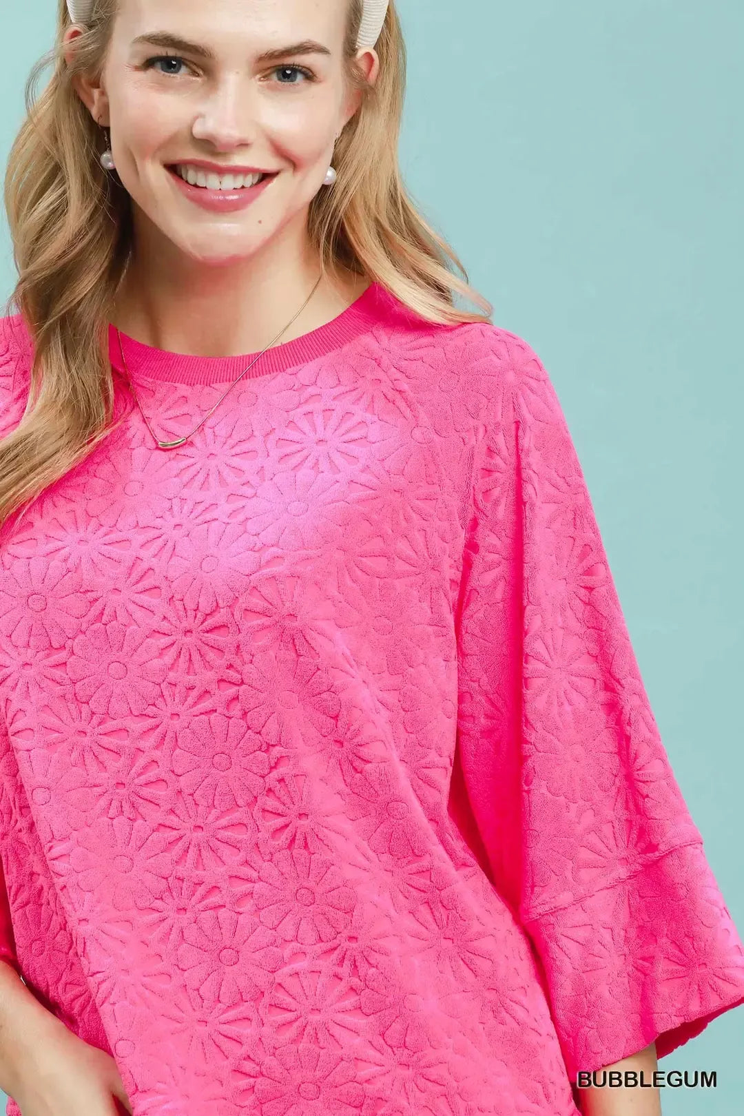 Round Neck Textured Floral Terry Blouse