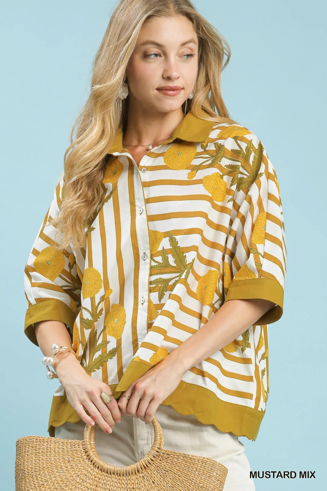 Umgee Mix Floral Stripe Button Down Top