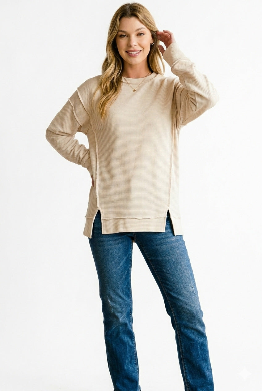 Zenana Acid Washed Double Ribbed Exposed-Seam Sweatshirt