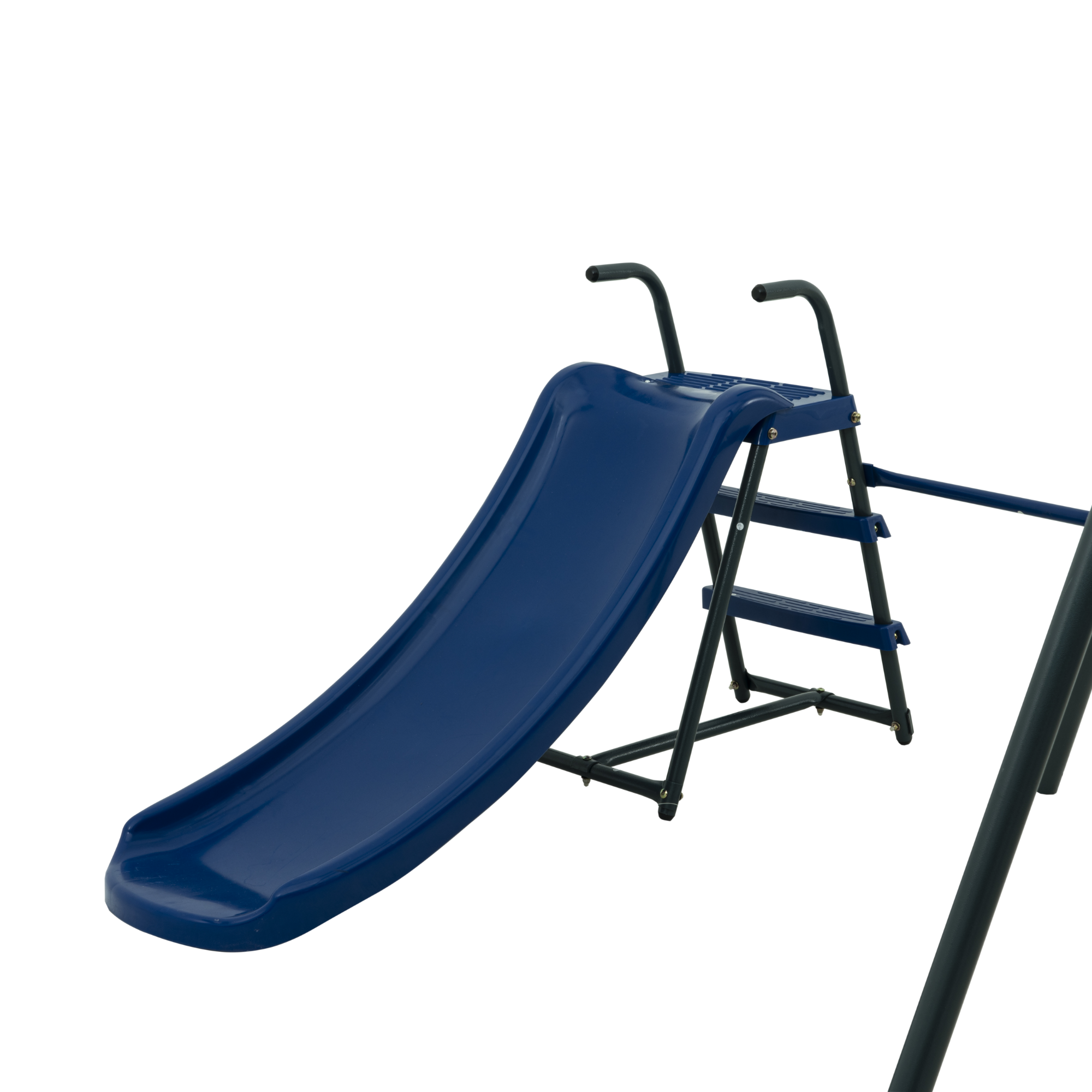 Multi unit Saucer Swingset with Mini Slide and Net Swing Grey Blue Steel Outdoor Playground 31.5in