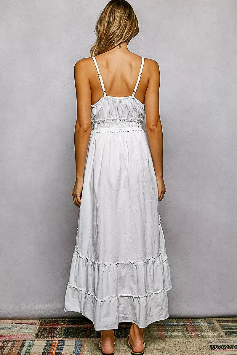 POL Embroidered Detail Tassel Tie Smocked Waist Midi Tiered Cami Dress
