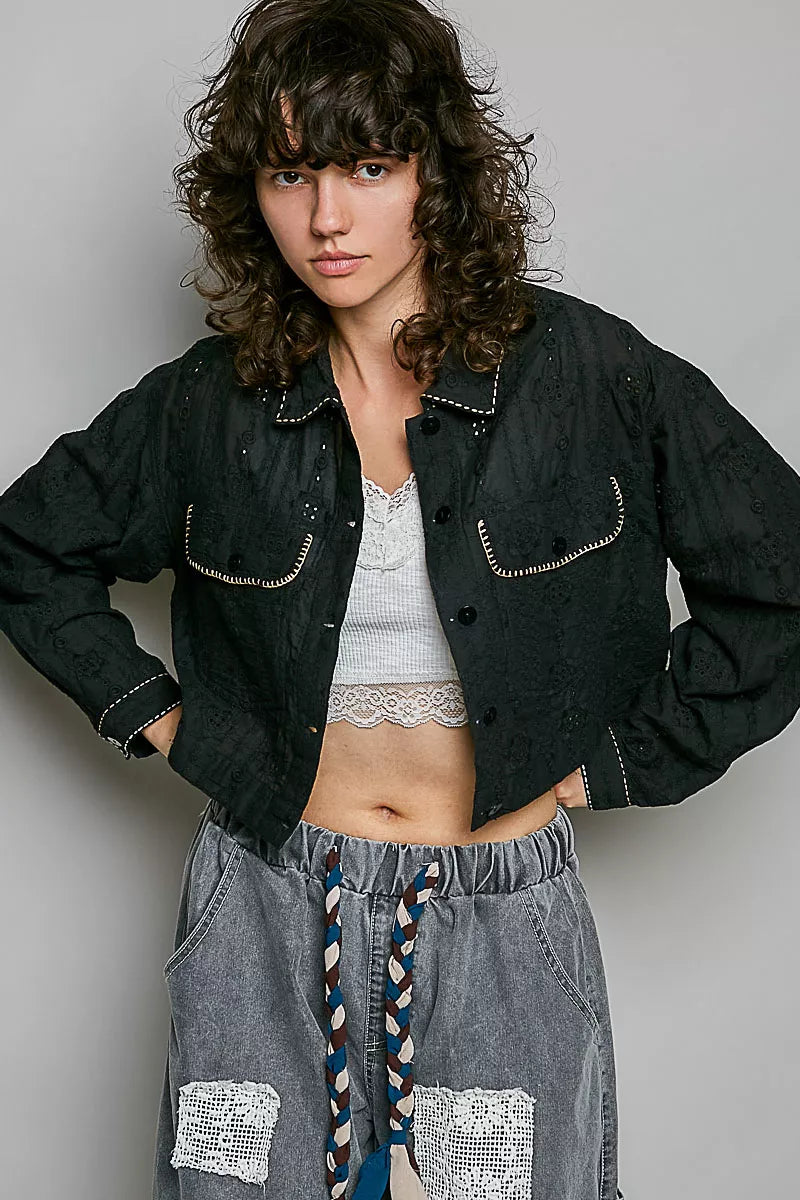 POL Cropped Button-Front Eyelet Cotton Jacket