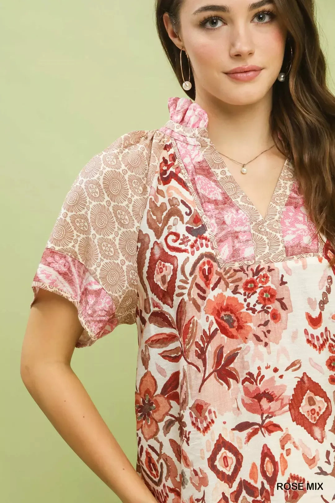 Umgee Mixed Print V-Neck Short Sleeve Top