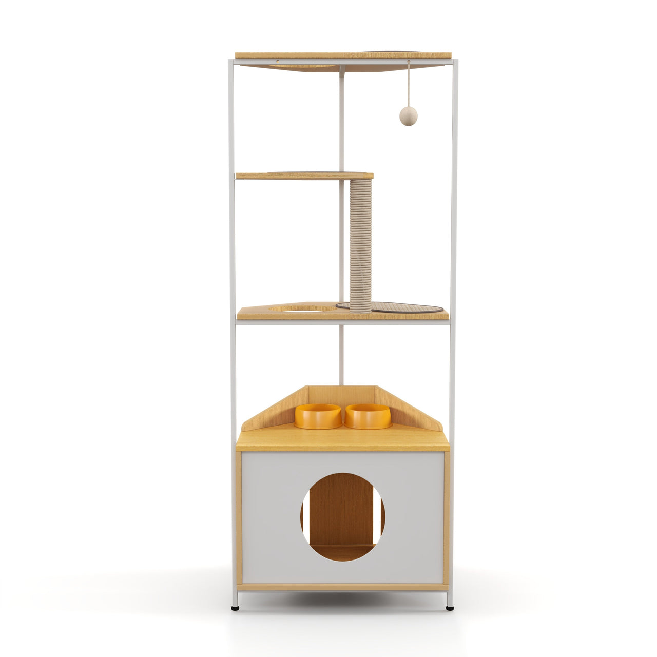 Modern Corner Cat Tower with Scratching Post, Cat Condo and Feeding Station, White and Light Oak Particle Board, 58.27-inch Height