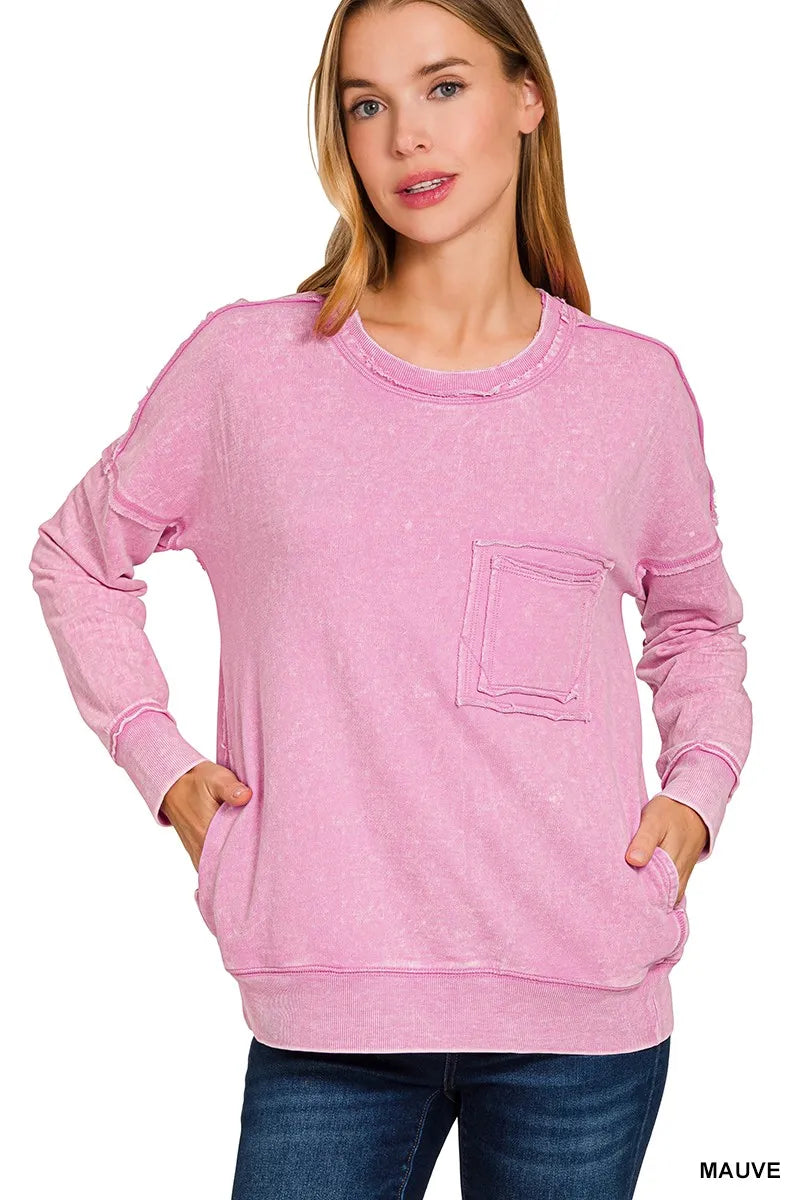 Zenana French Terry Washed Raw Edge Front Pocket Pullover
