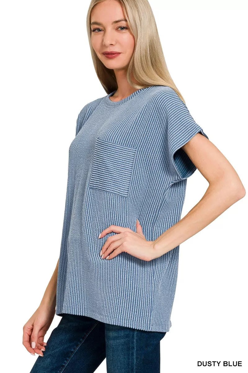 Zenana Raised Rib Front Pocket Boxy Top