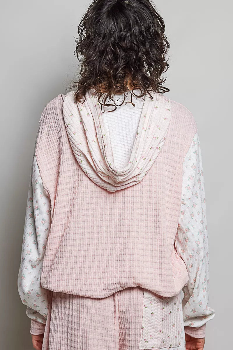 POL Mixed Knit Contrast Print Sleeve Hoodie with Kangaroo Pocket
