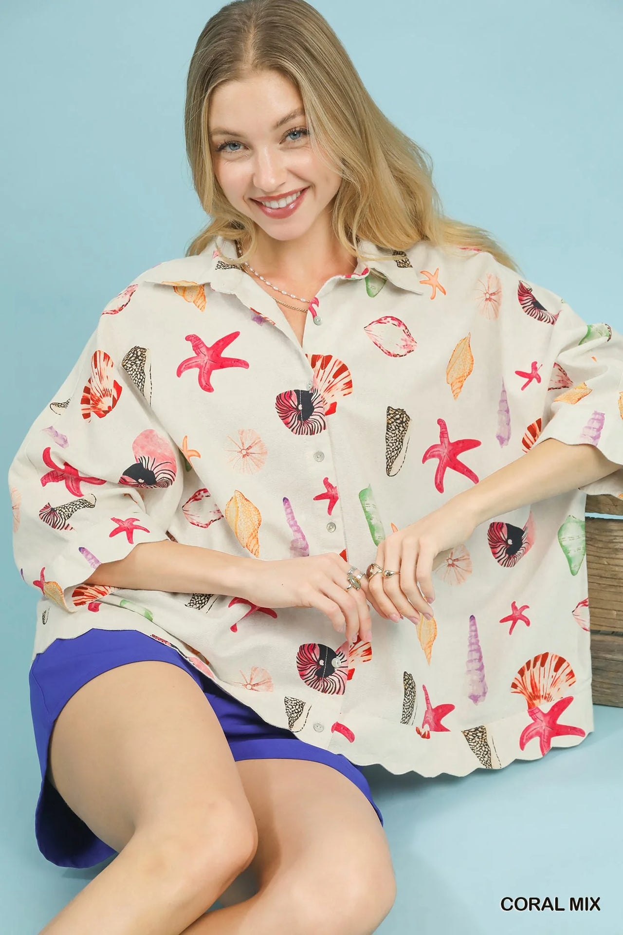Umgee Seashell & Starfish Print Button-Down Top