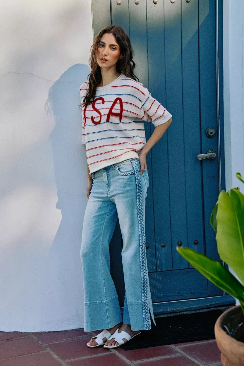 SO ME Usa Stripe Knit Short Sleeves Sweater Top