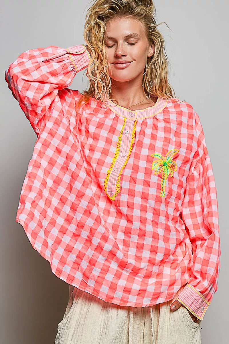 POL Gingham Embroidered Palm Tree Blouse