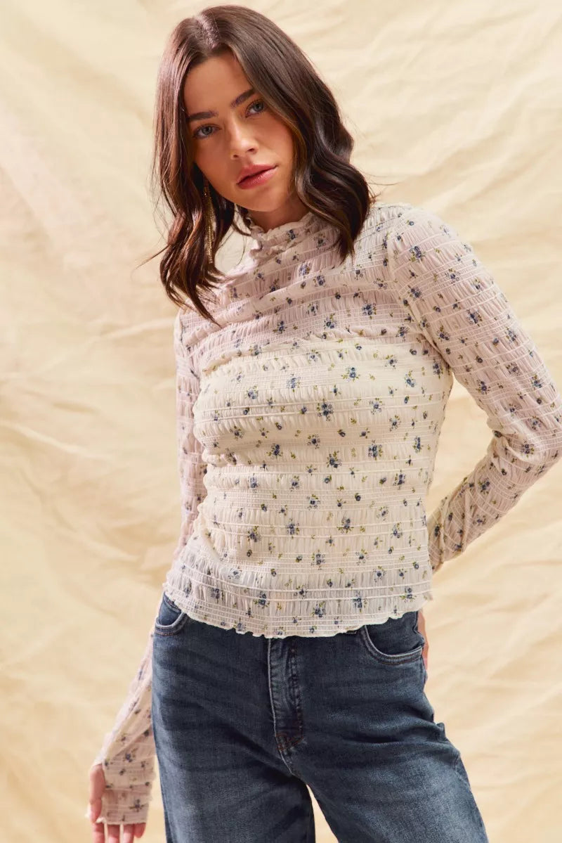 SO ME Floral Print Textured Long Sleeve Knit Top