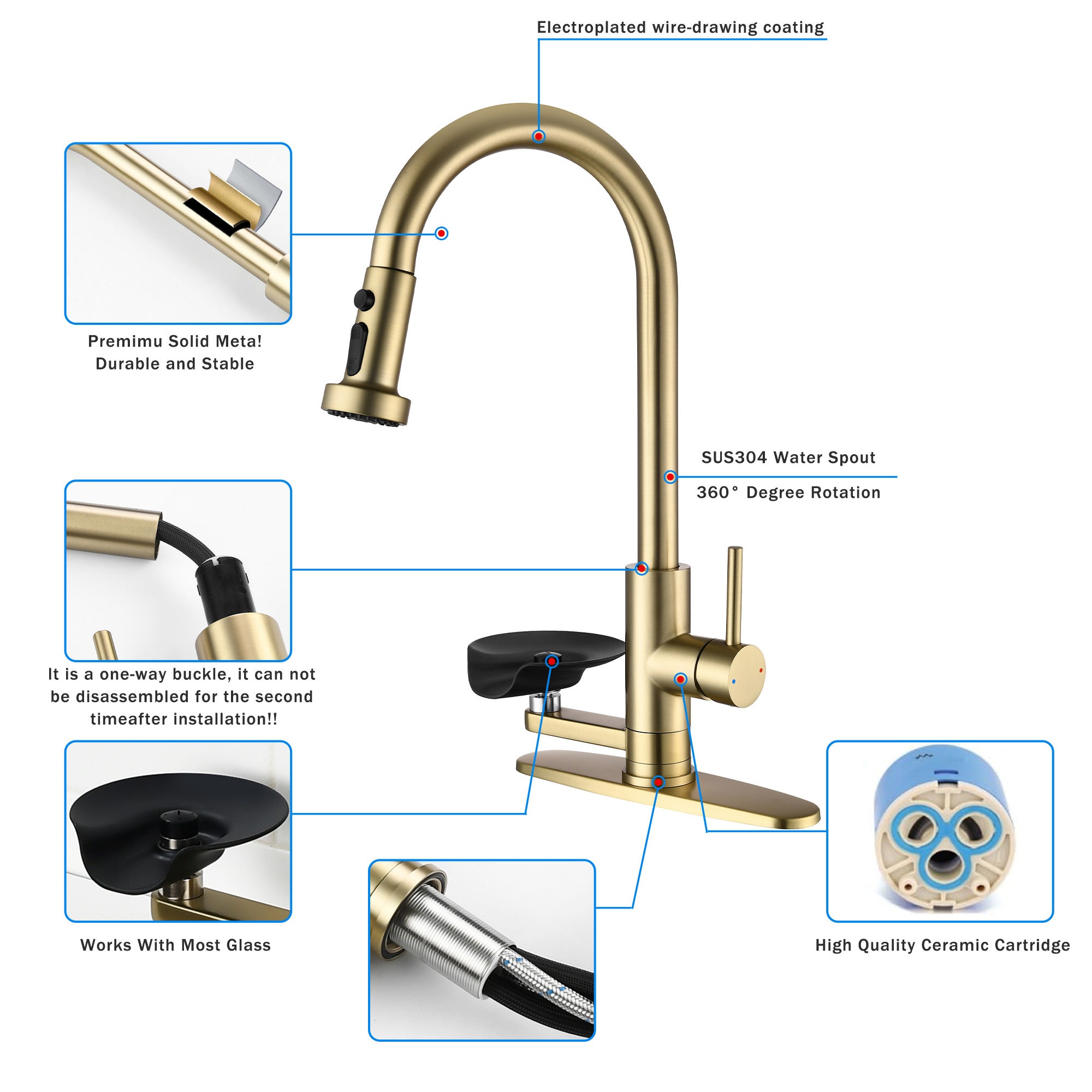 3-in-1 Kitchen Faucet with Press-Type Glass Rinser, Brushed Gold Finish, High-Arc Pull-Down Sprayer, Universal for 1 & 3 Holes, Stainless Steel and ABS Construction