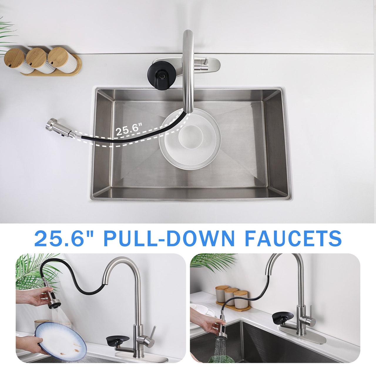 3-in-1 Kitchen Faucet with Press-Type Glass Rinser, High-Arc Pull-Down Sprayer, 3 Function Spray Mode, Brushed Nickel Finish, 9.44-Inch Spout Height, Stainless Steel & ABS Construction
