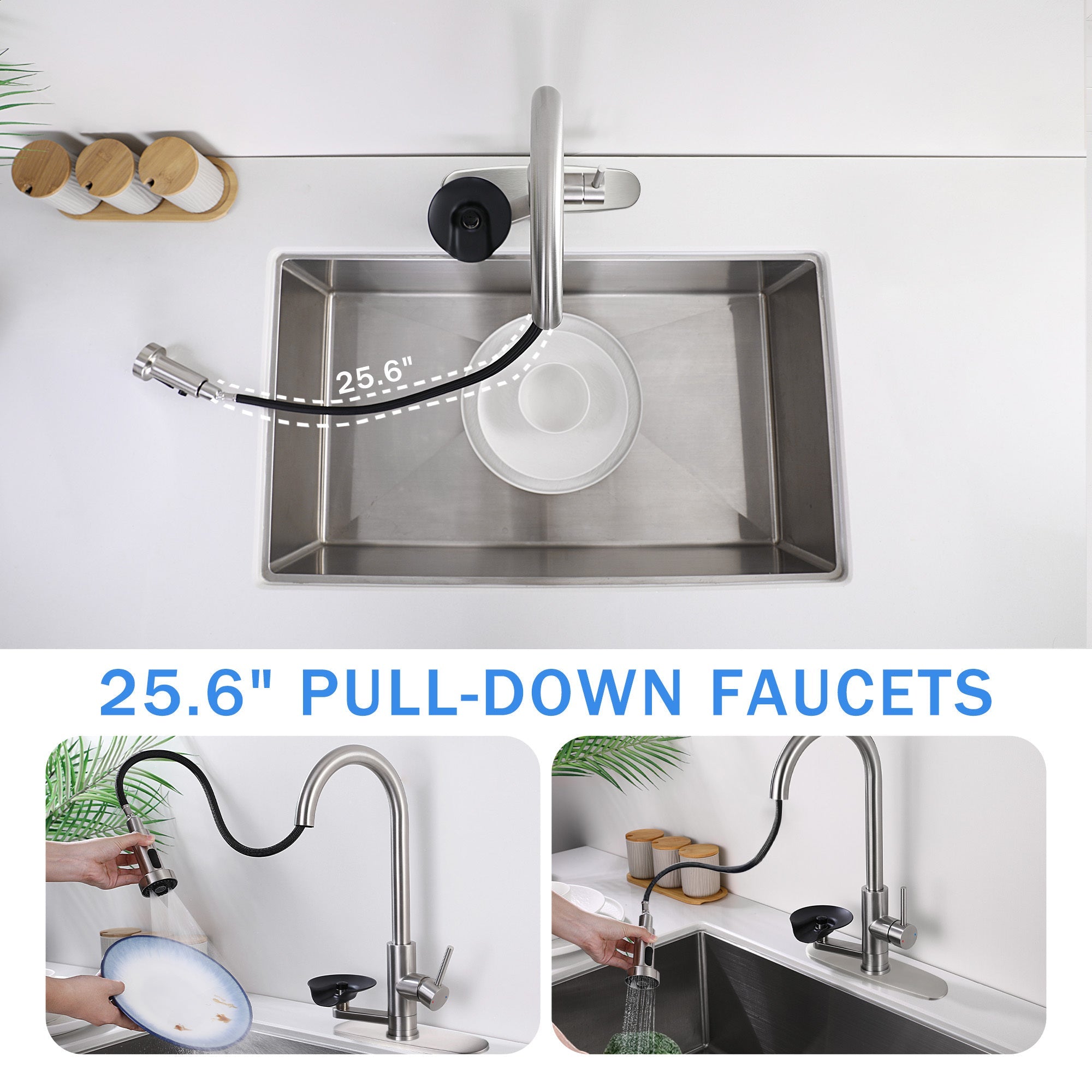 3-in-1 Kitchen Faucet with Press-Type Glass Rinser, High-Arc Pull-Down Sprayer, 3 Function Spray Mode, Brushed Nickel Finish, 9.44-Inch Spout Height, Stainless Steel & ABS Construction