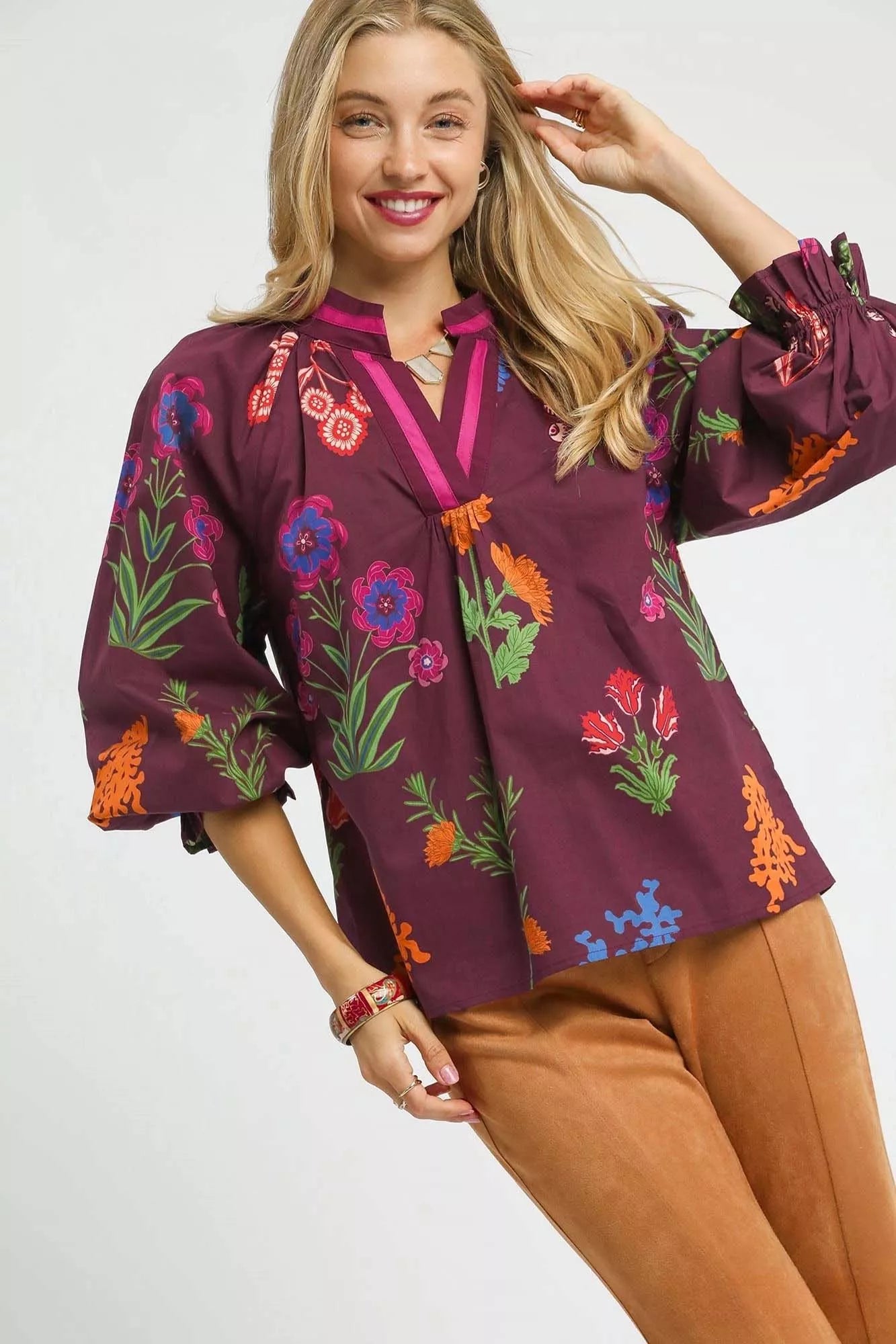 Umgee Floral Print Flounce Sleeve Blouse