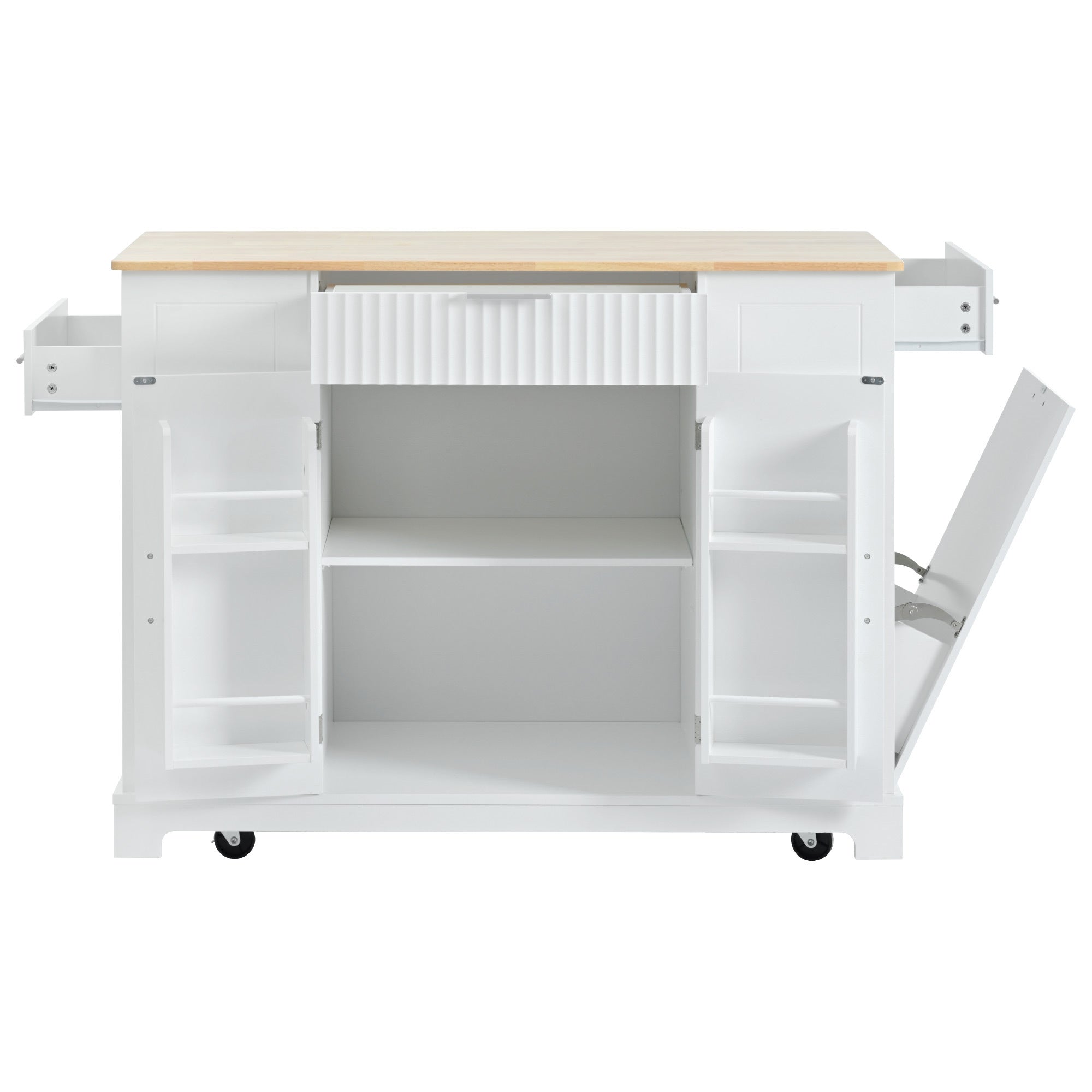 K&K Fluted Kitchen Island with Trash Can Storage Cabinet, Power Outlet, Internal Storage Rack, Rolling Kitchen Islands on 5 Wheels with 3 Drawer, 3 Open Side Racks for 10 Gallon Garbage Bin, White