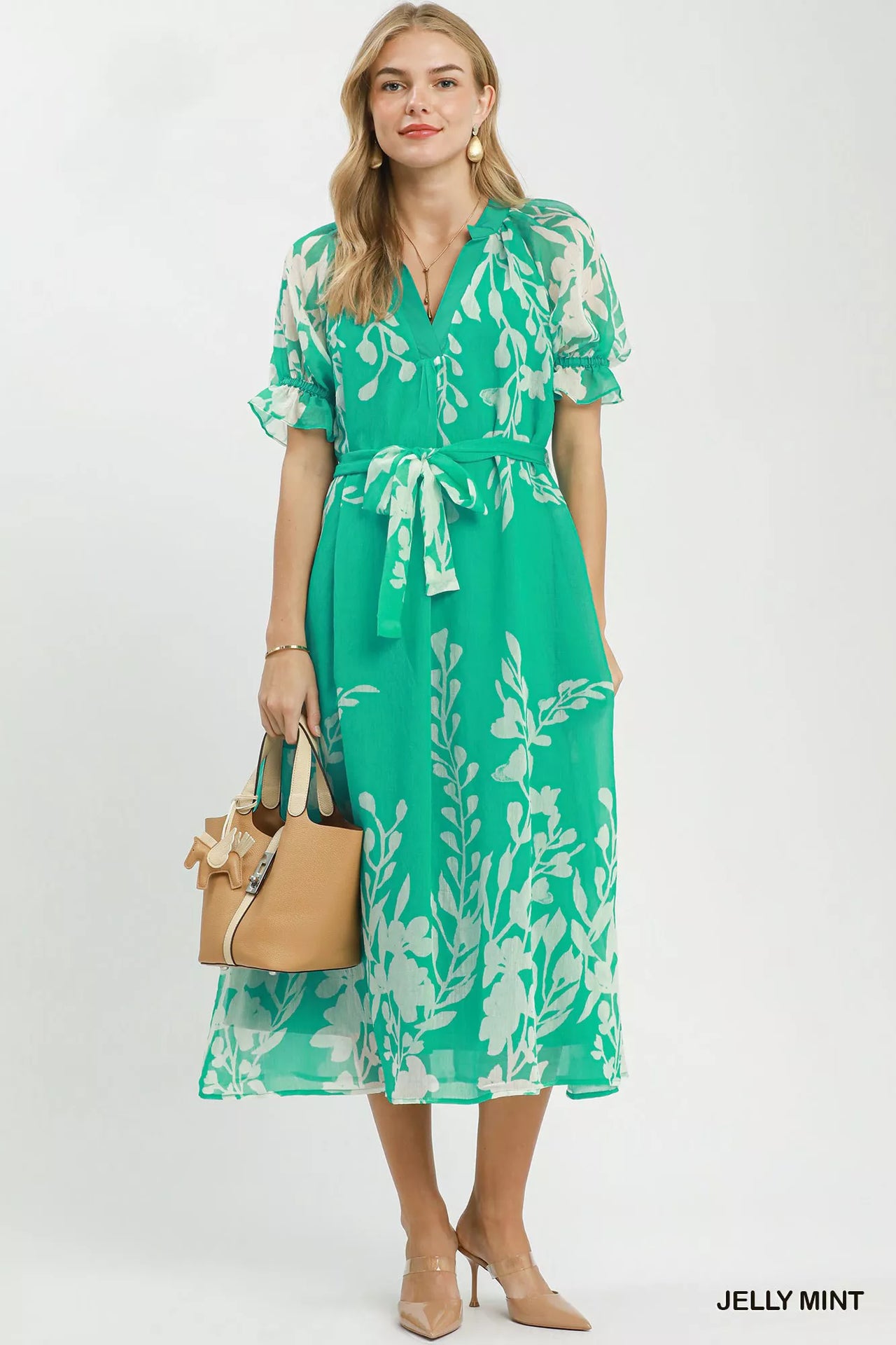 Umgee Floral Print Tie Waist Midi Dress with Side Pockets