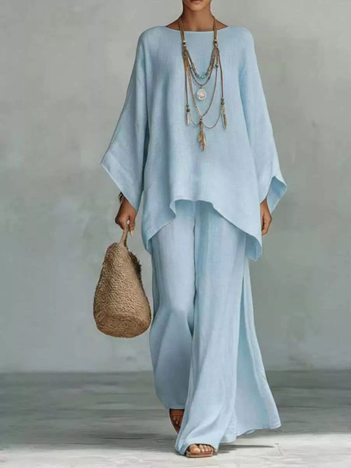 Full Size Round Neck Top and Wide Leg Pants Set Plus Size