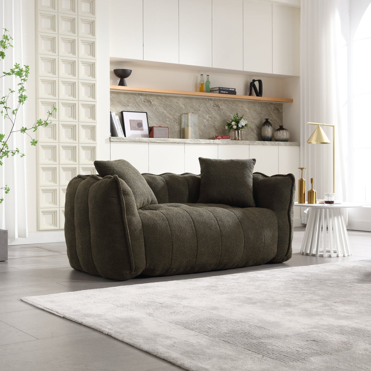 Cozy Beanbag Chair with High Resilience Foam Core for Two - Olive Green Chenille, 66x35x25 inches
