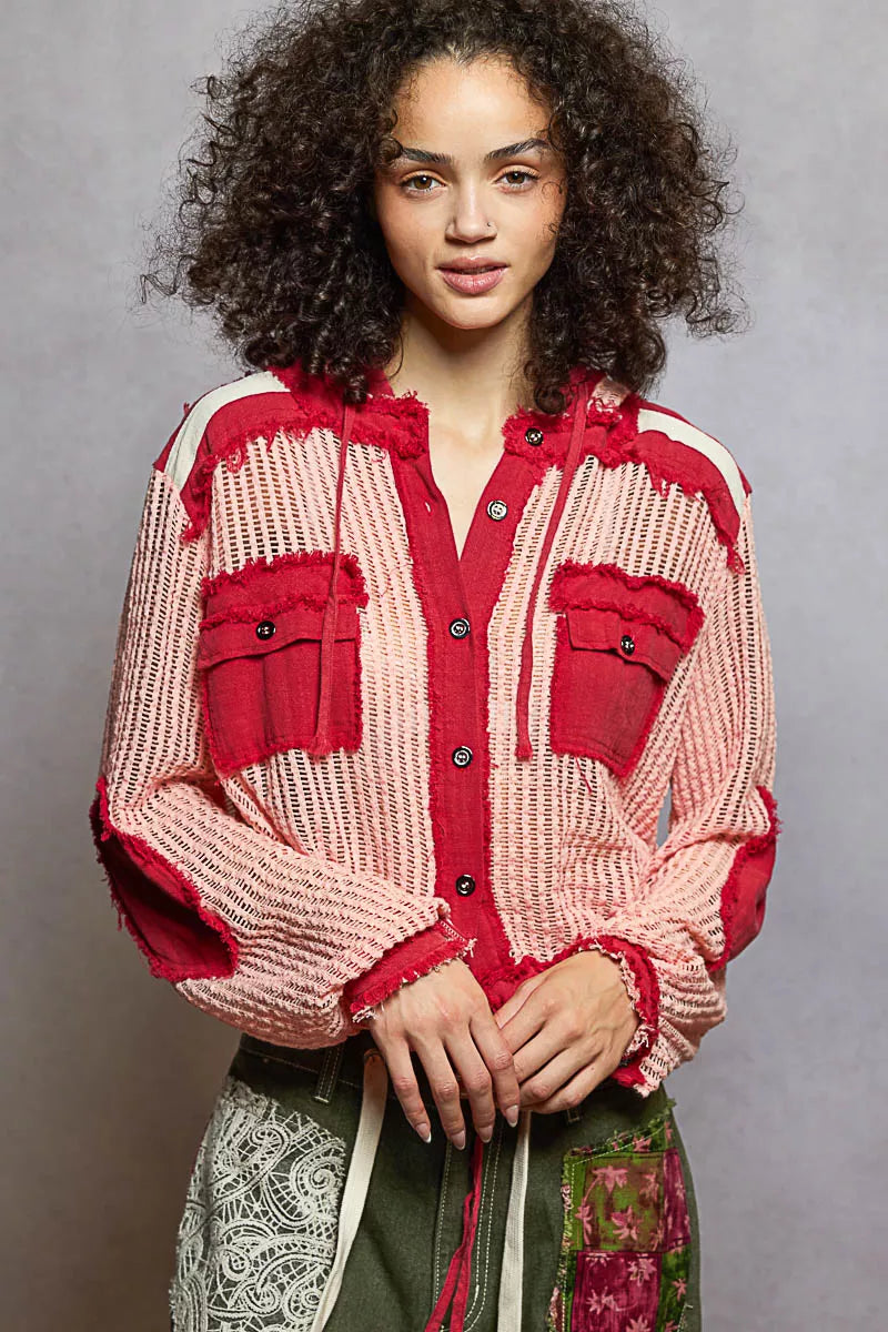 POL Texture Woven Button Down Hooded Shirt with Drawstring Hem