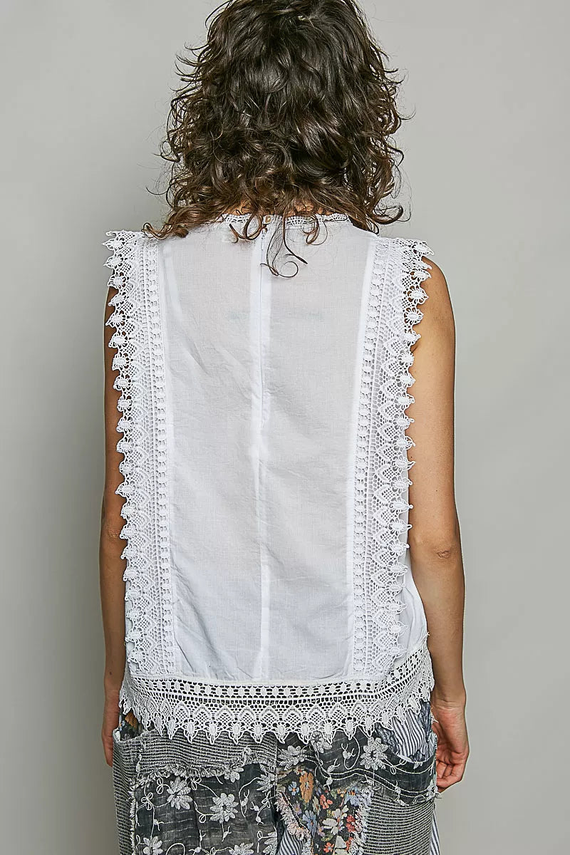 POL Allover Botanical Embroidered Scalloped Lace Sleeveless Top