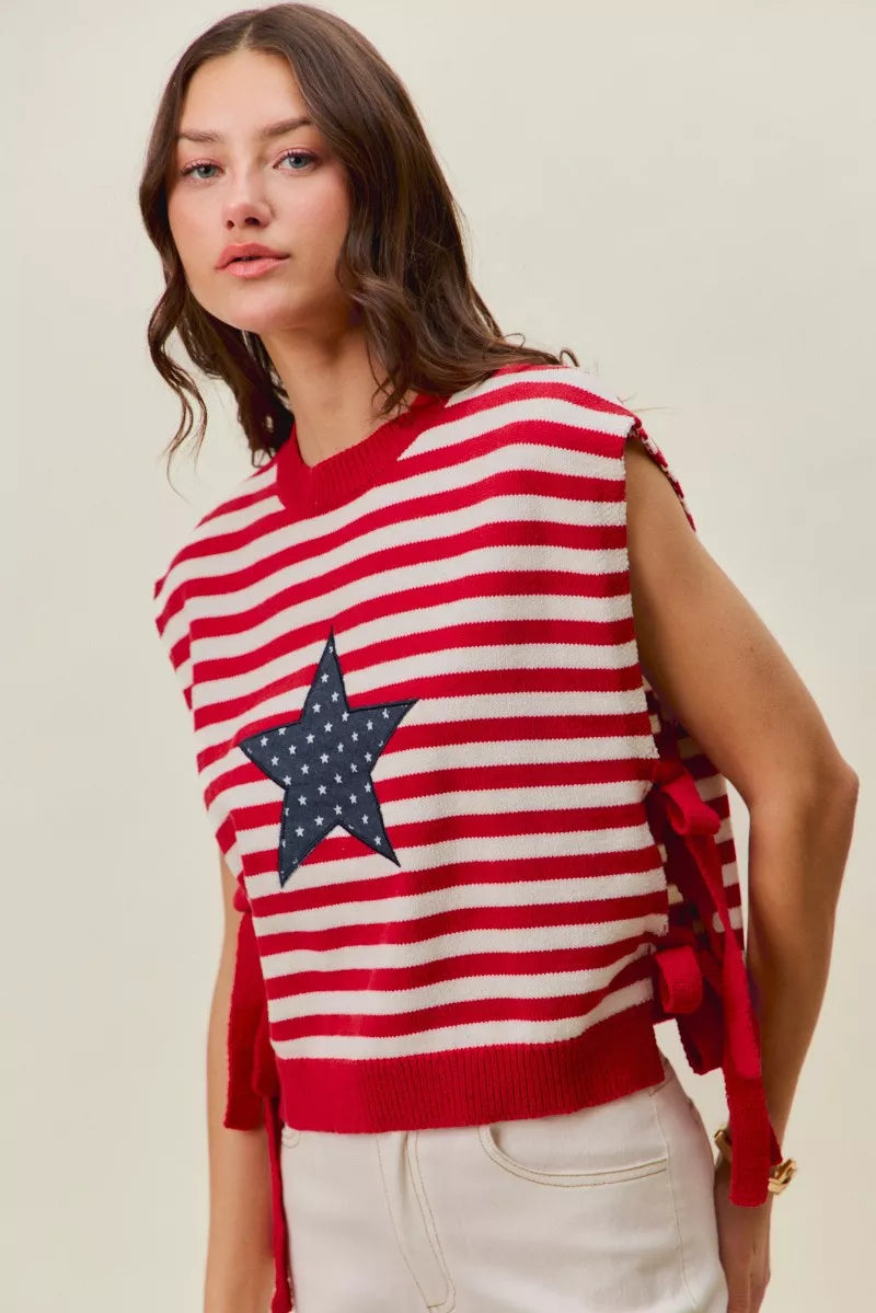 SO ME Stripe Star Patch 4th Of July Side Tie Vest Top