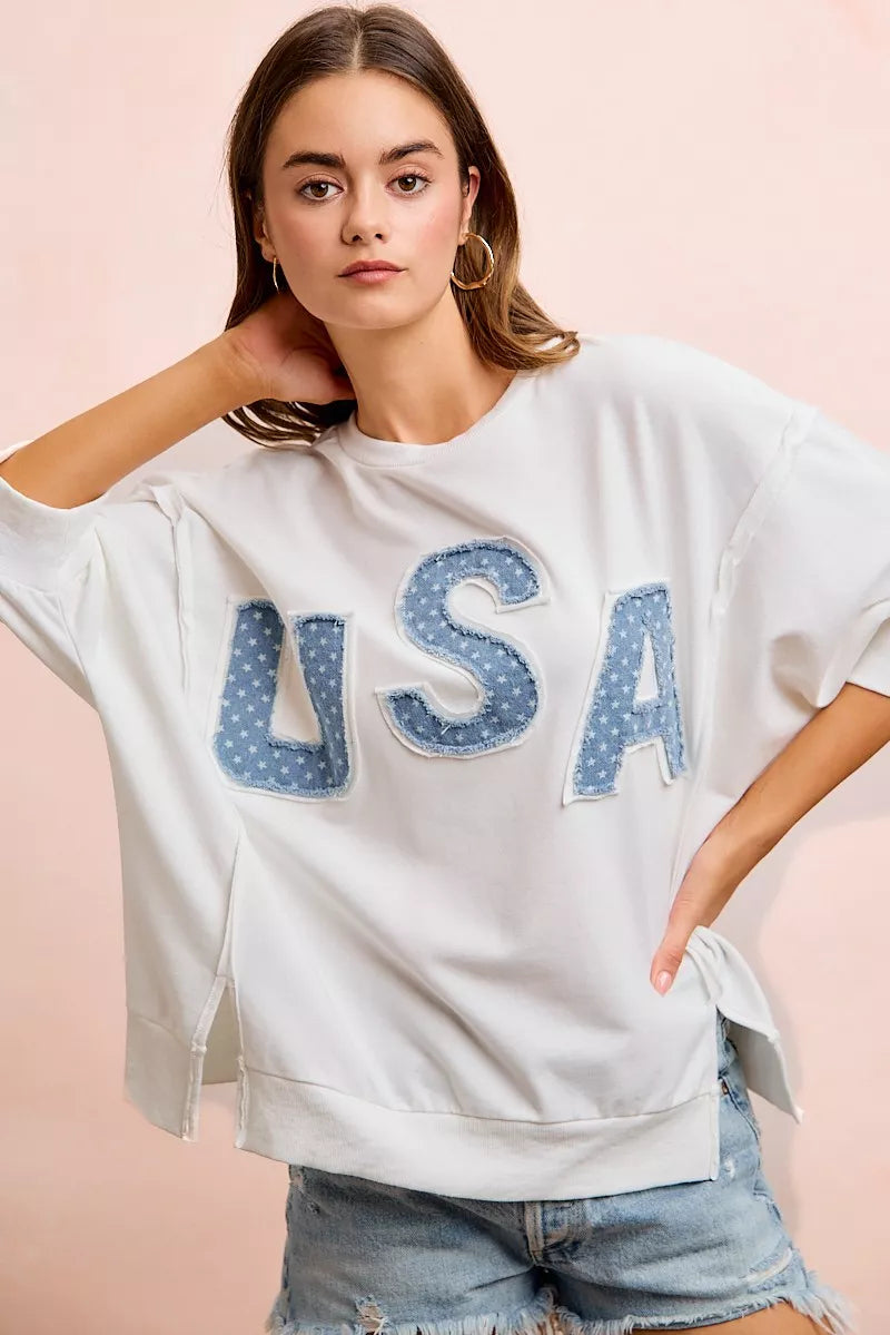BiBi 4th Of July Usa Letter Patchwork French Terry Top