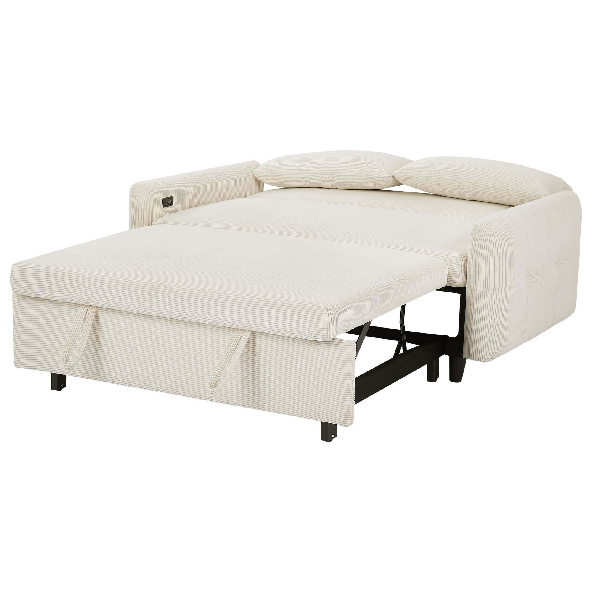 Modern Convertible Pull-out Sofa Bed with USB Ports and Pillows, Beige Corduroy, 57.48 inches