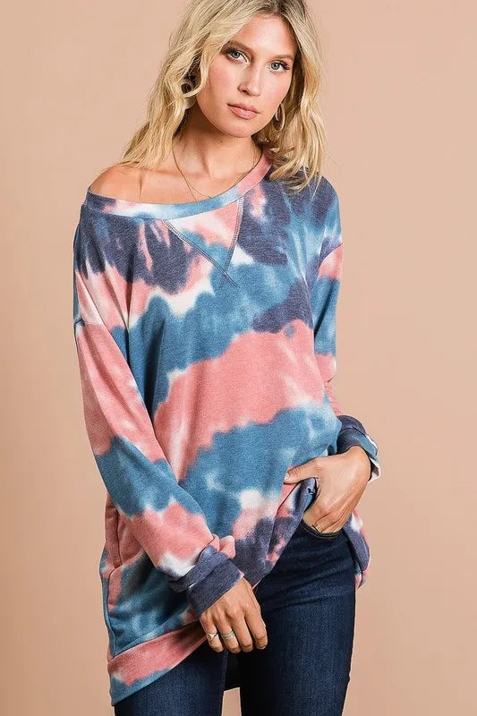 BiBi Tie Dye French Terry Pull Over with Front Stitching Detail