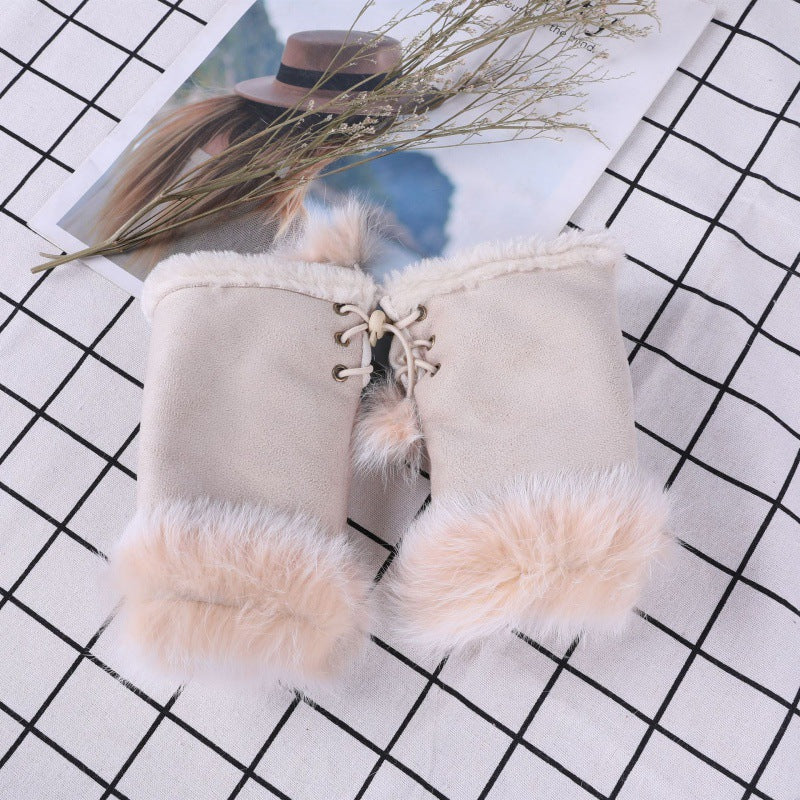 Suede Rabbit Hair Half Finger Gloves