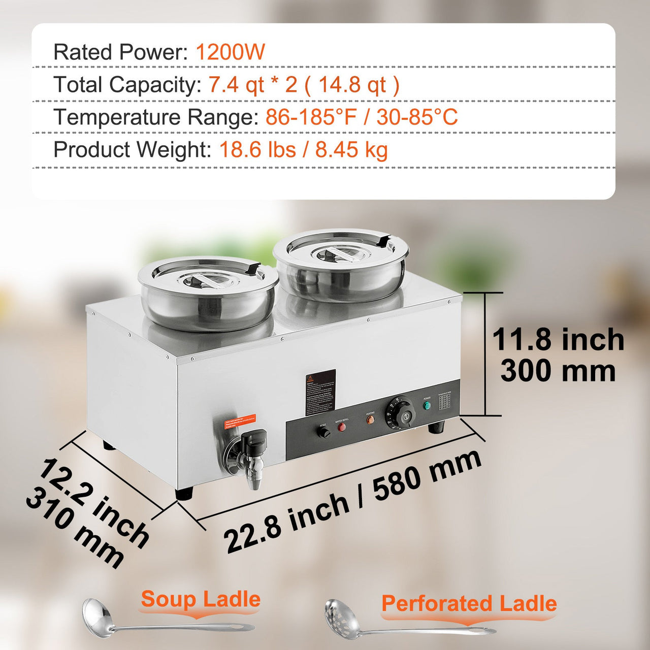 Electric Soup Warmer, Dual 7.4QT Stainless Steel Round Pot 86~185°F Adjustable Temp, 1200W Commercial Bain Marie with Anti-dry Burn and Reset Button, Soup Station for Restaurant, Buffet, Silver