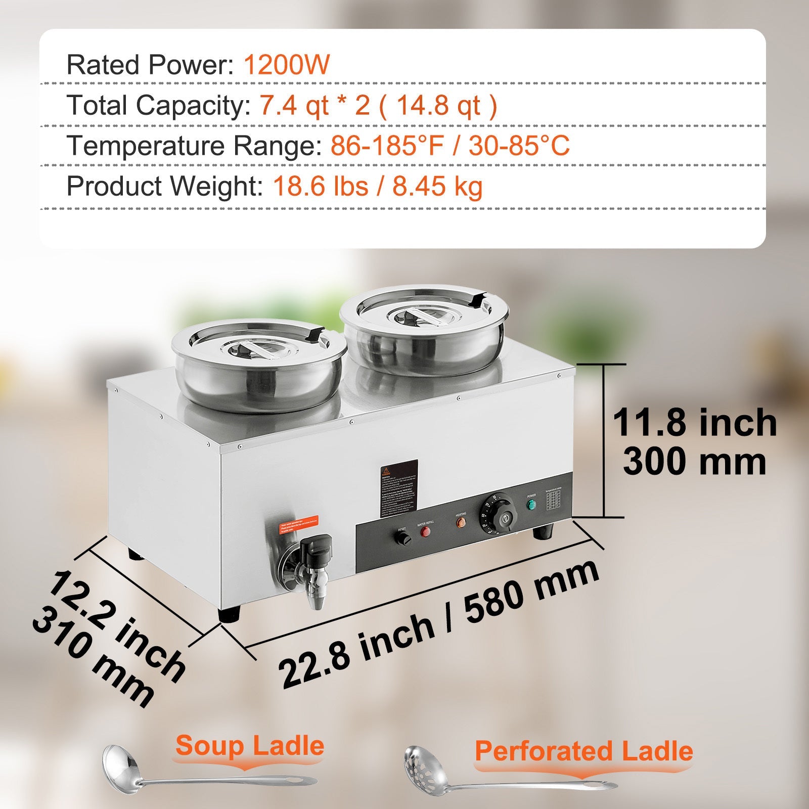 Electric Soup Warmer, Dual 7.4QT Stainless Steel Round Pot 86~185°F Adjustable Temp, 1200W Commercial Bain Marie with Anti-dry Burn and Reset Button, Soup Station for Restaurant, Buffet, Silver