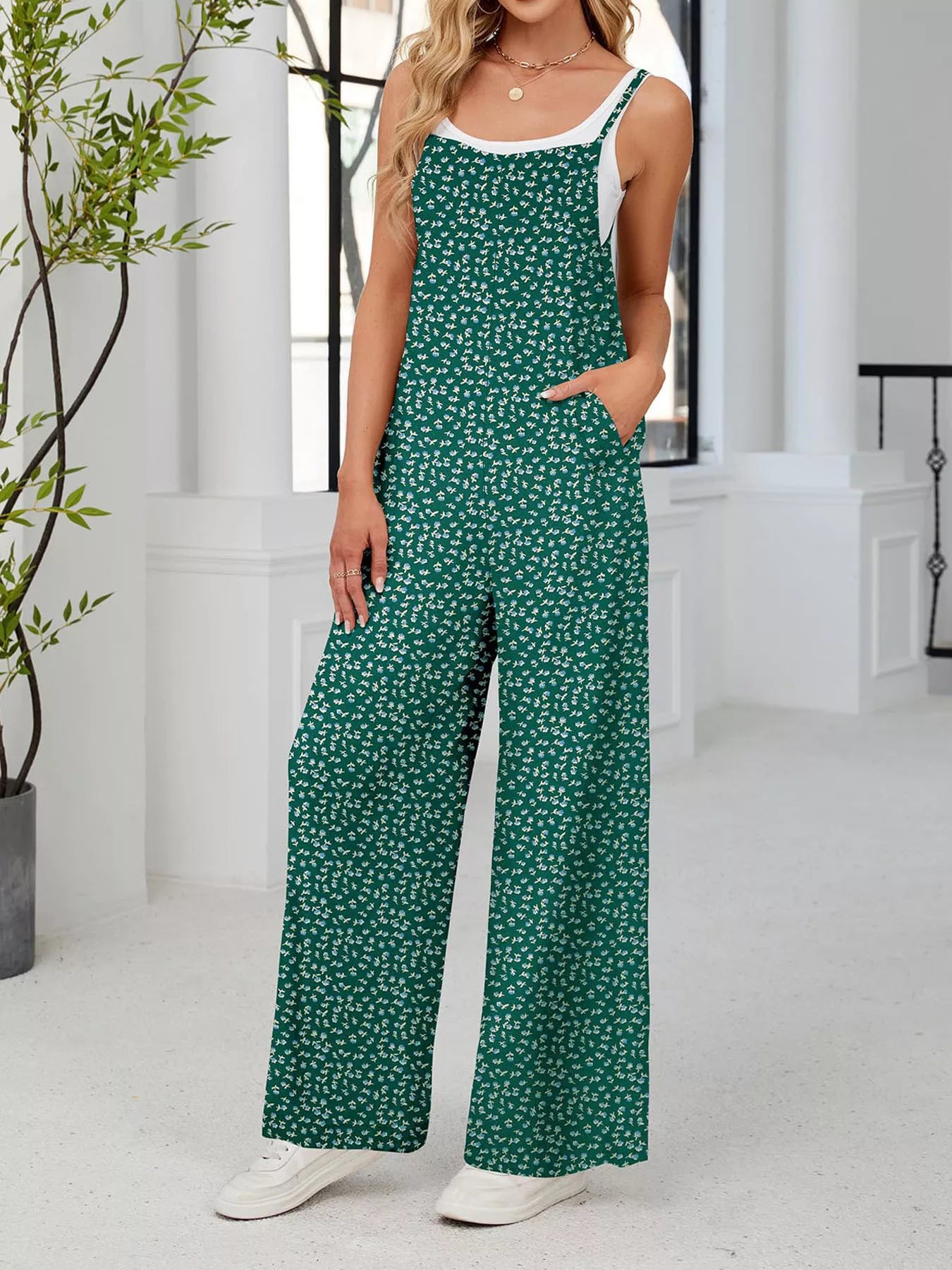 Full Size Floral Print Wide Leg Spaghetti Strap Overalls Plus Size