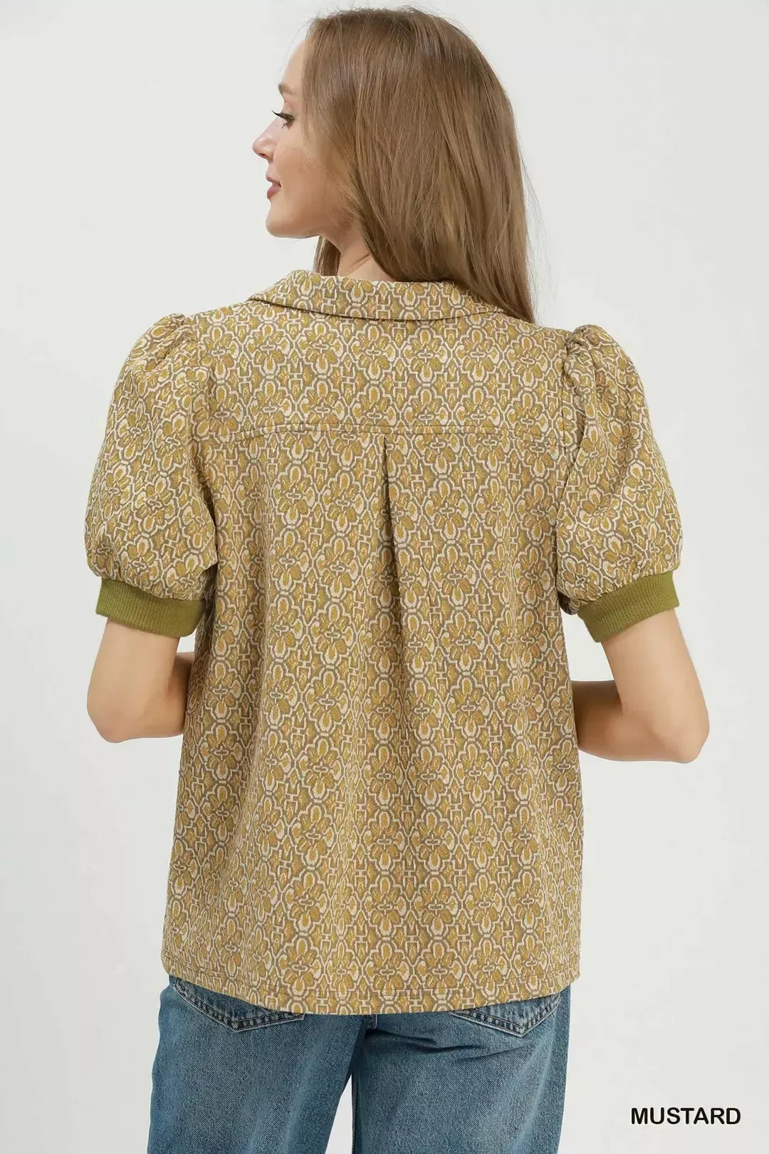 Umgee Printed Collared Puff Sleeve Top