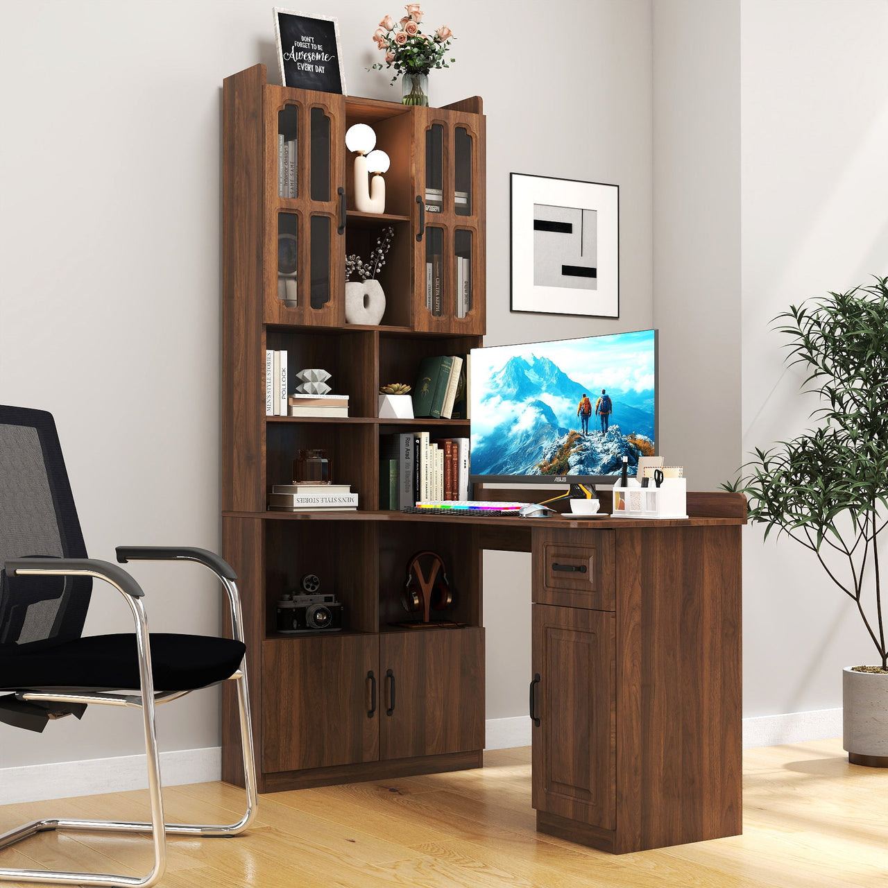 L-Shaped Corner Computer Desk  for Home Office or Study desk, Study Modern Style Table with Drawers, Bookshelf & Hutch, 2-in-1 L-Shaped Design, Large Working Space