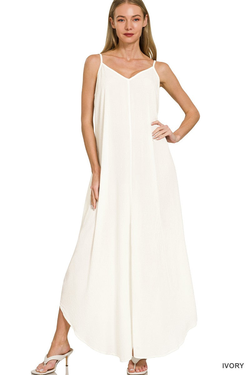 Zenana Woven Crinkle Cami Maxi Dress with Side Pockets