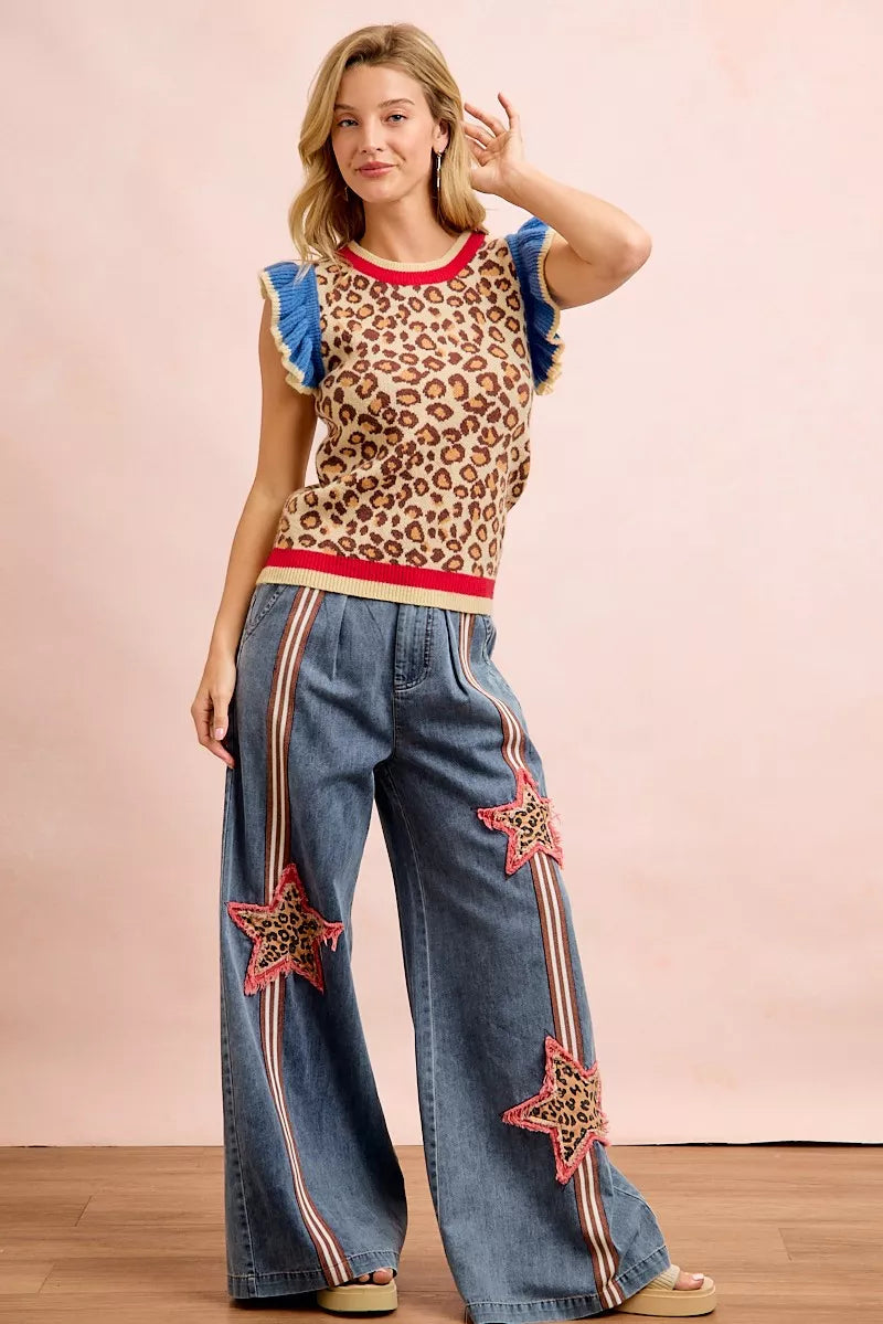 BiBi 4th Of July Leopard Ruffled Detail Knit Top