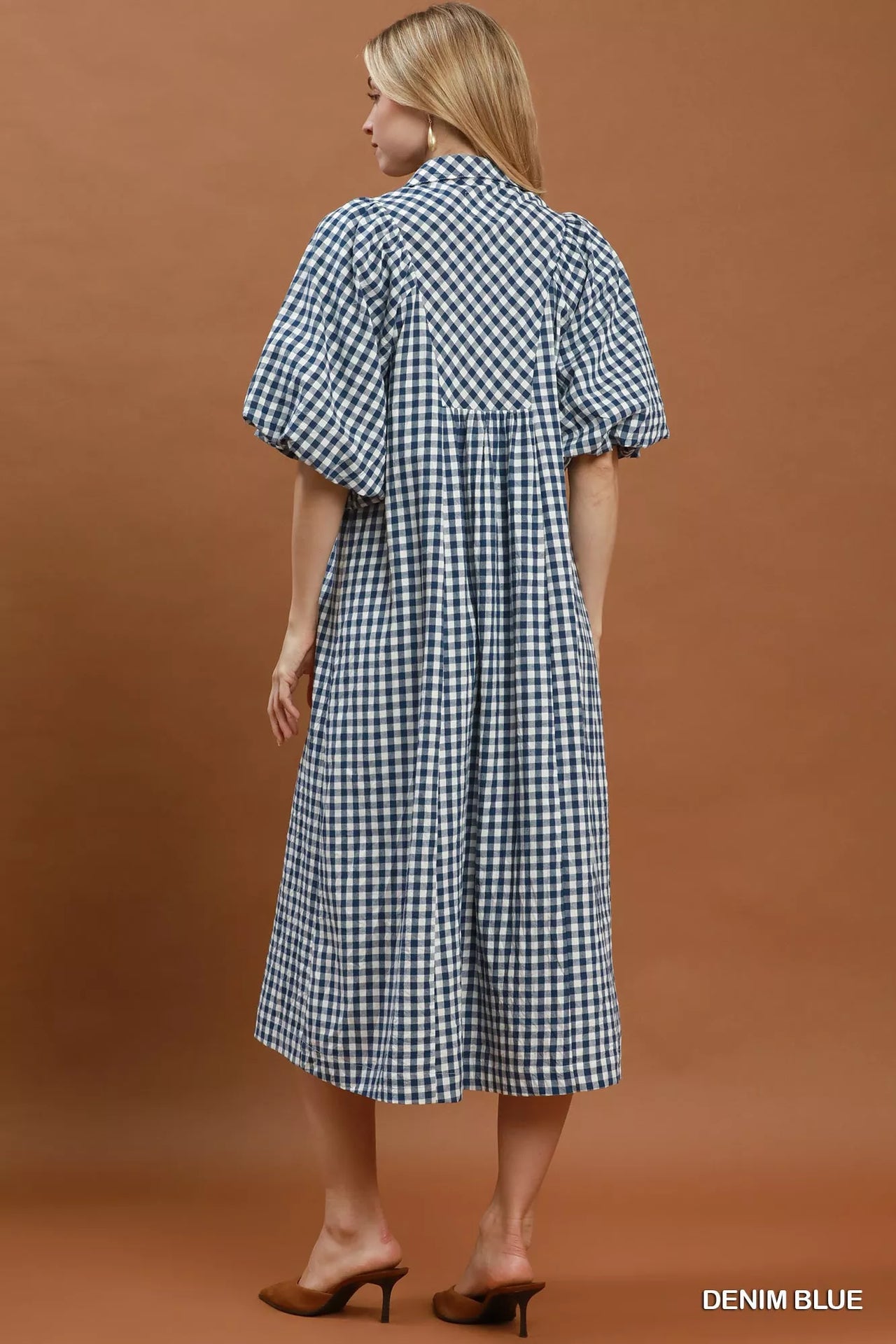 Umgee Puff Sleeve Plaid Midi Dress