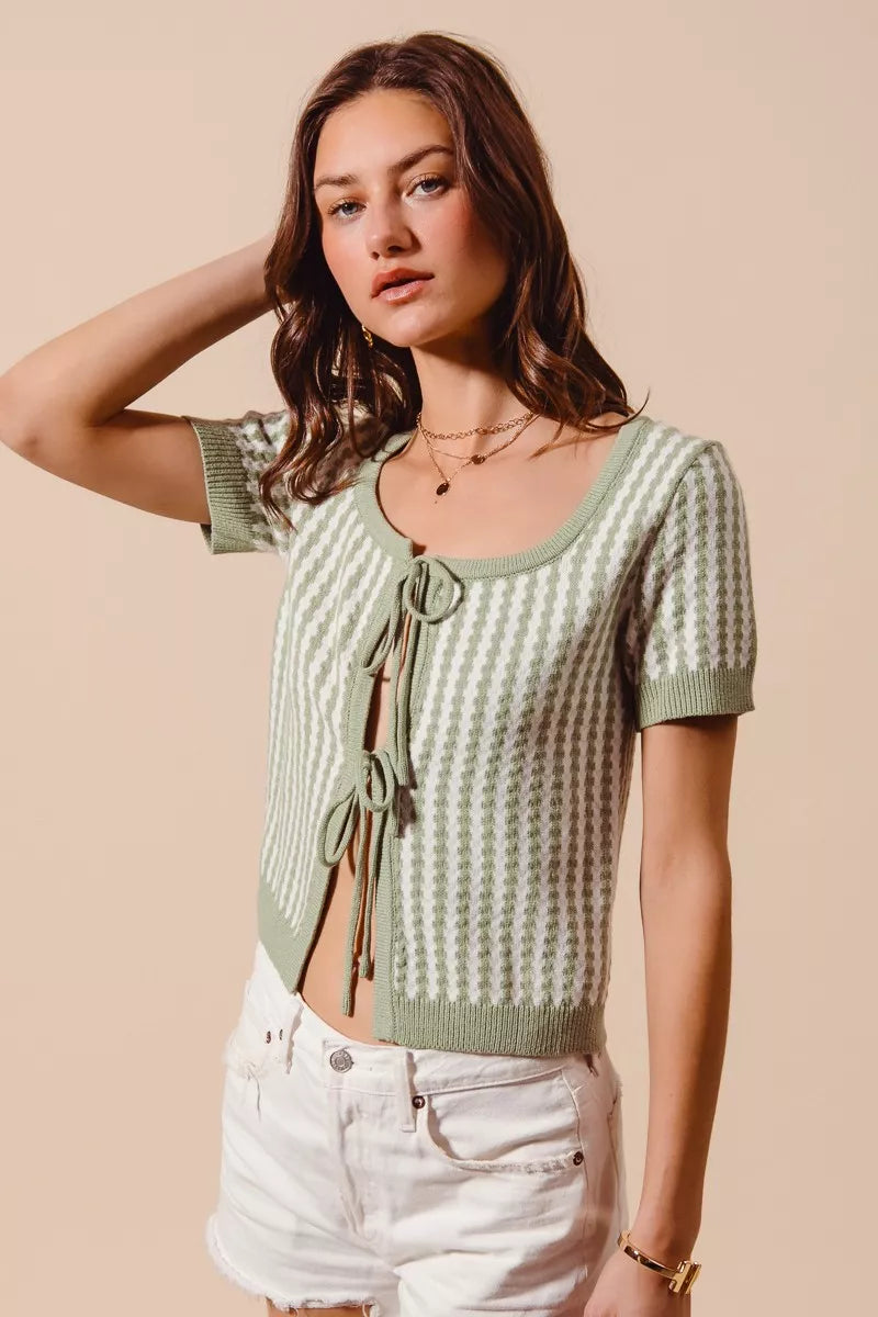 SO ME Tie Front Textured Vertical Stripe Knit Cardigan