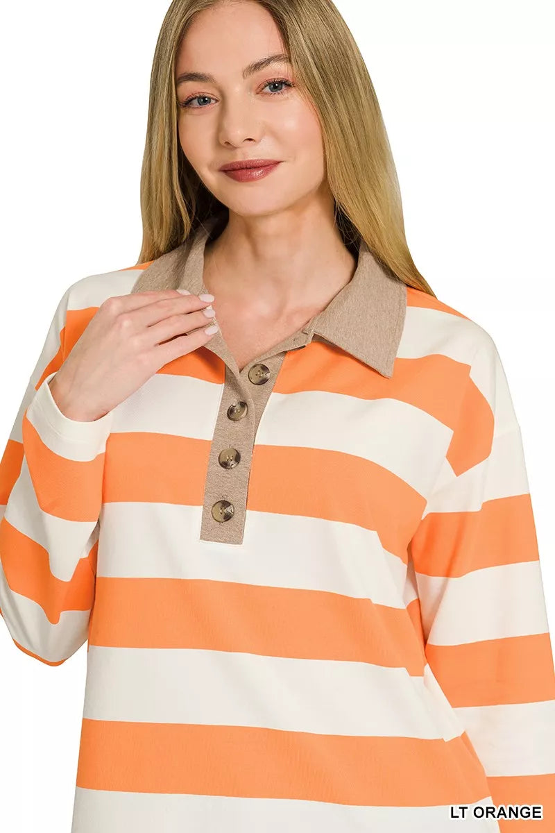 Zenana Striped Contrast Collar Polo Top